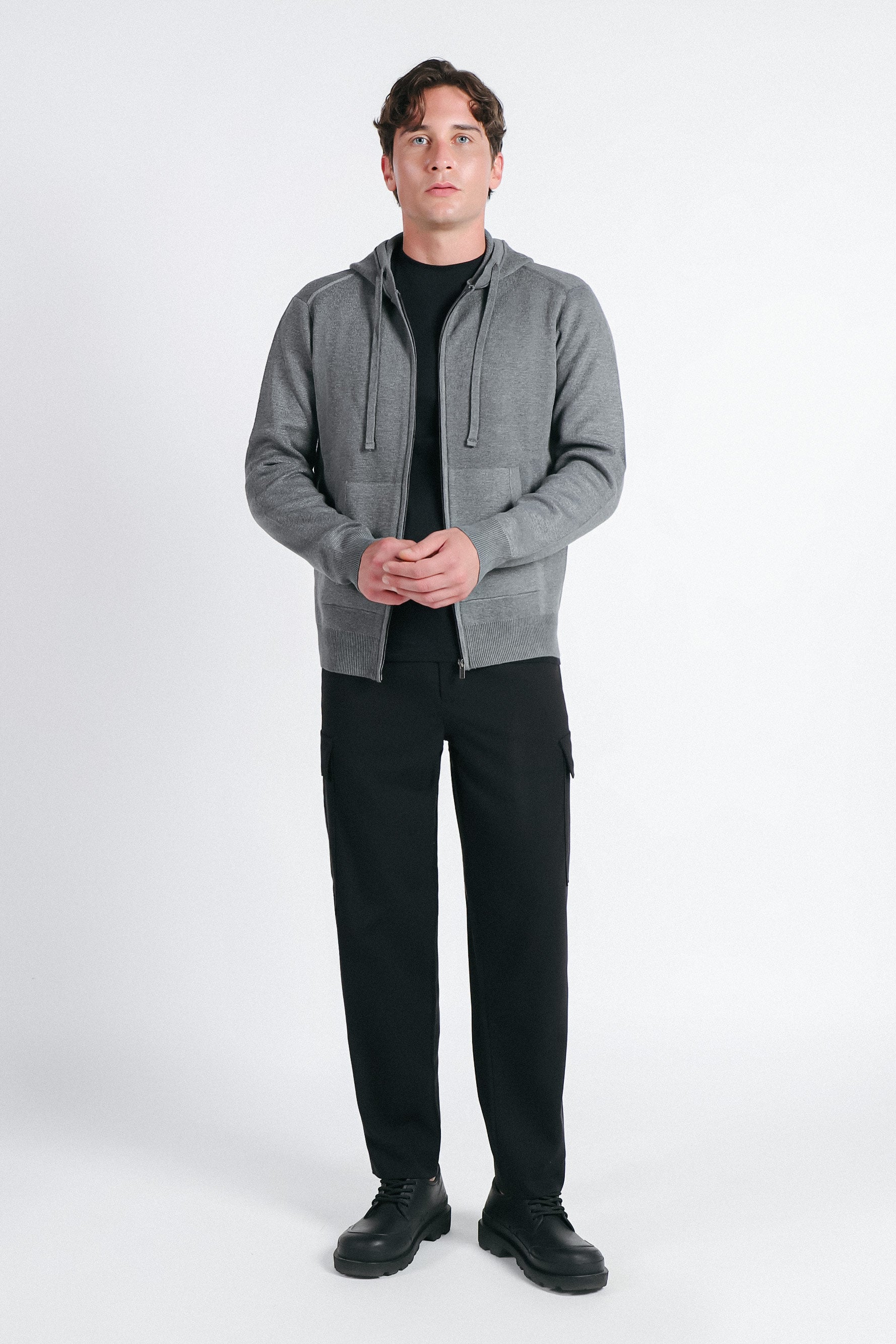 MAGLIA CON ZIP E CAPPUCCIO IN PUNTO MILANO GRIGIO MEDIO - Sonnybono