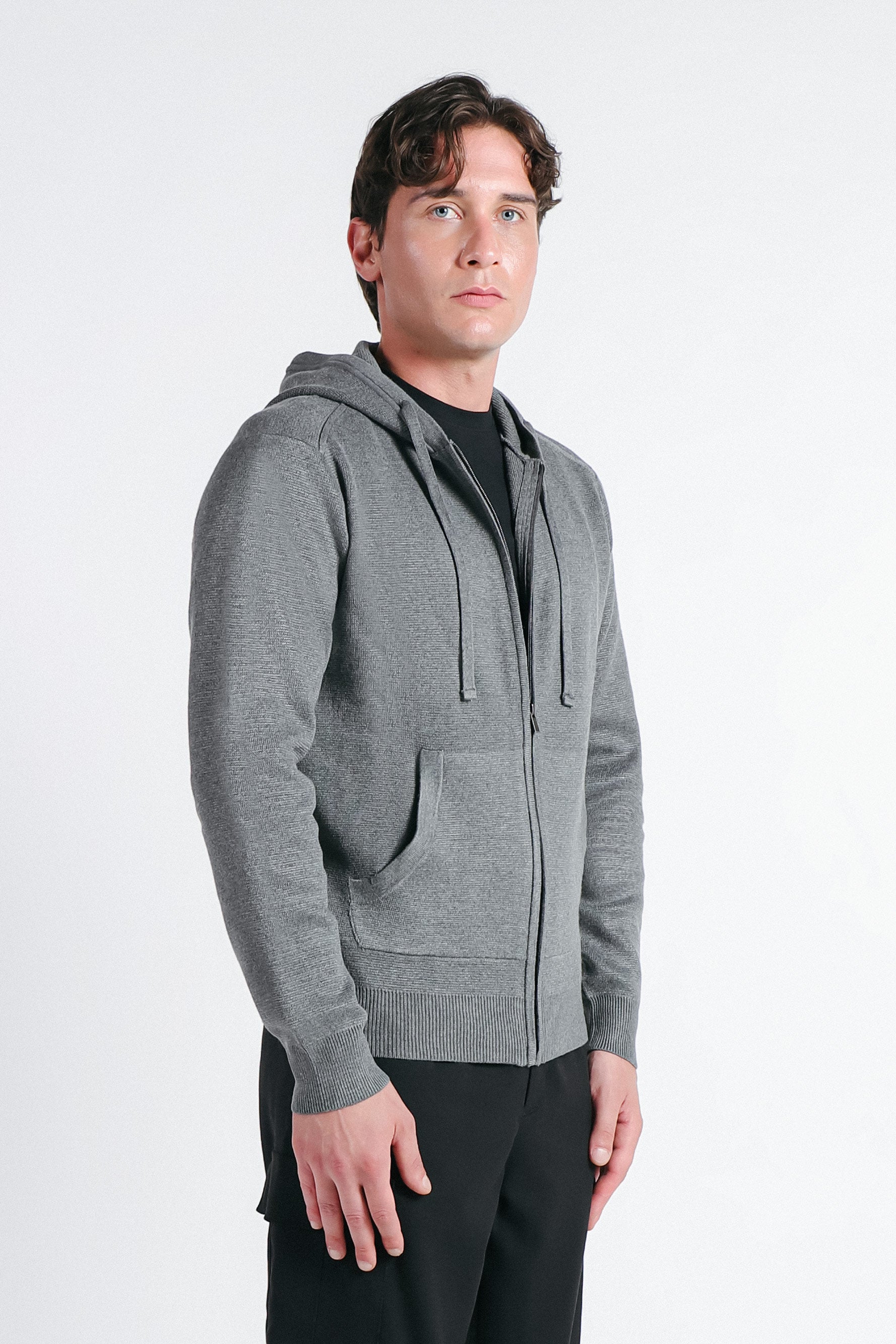 MAGLIA CON ZIP E CAPPUCCIO IN PUNTO MILANO GRIGIO MEDIO - Sonnybono