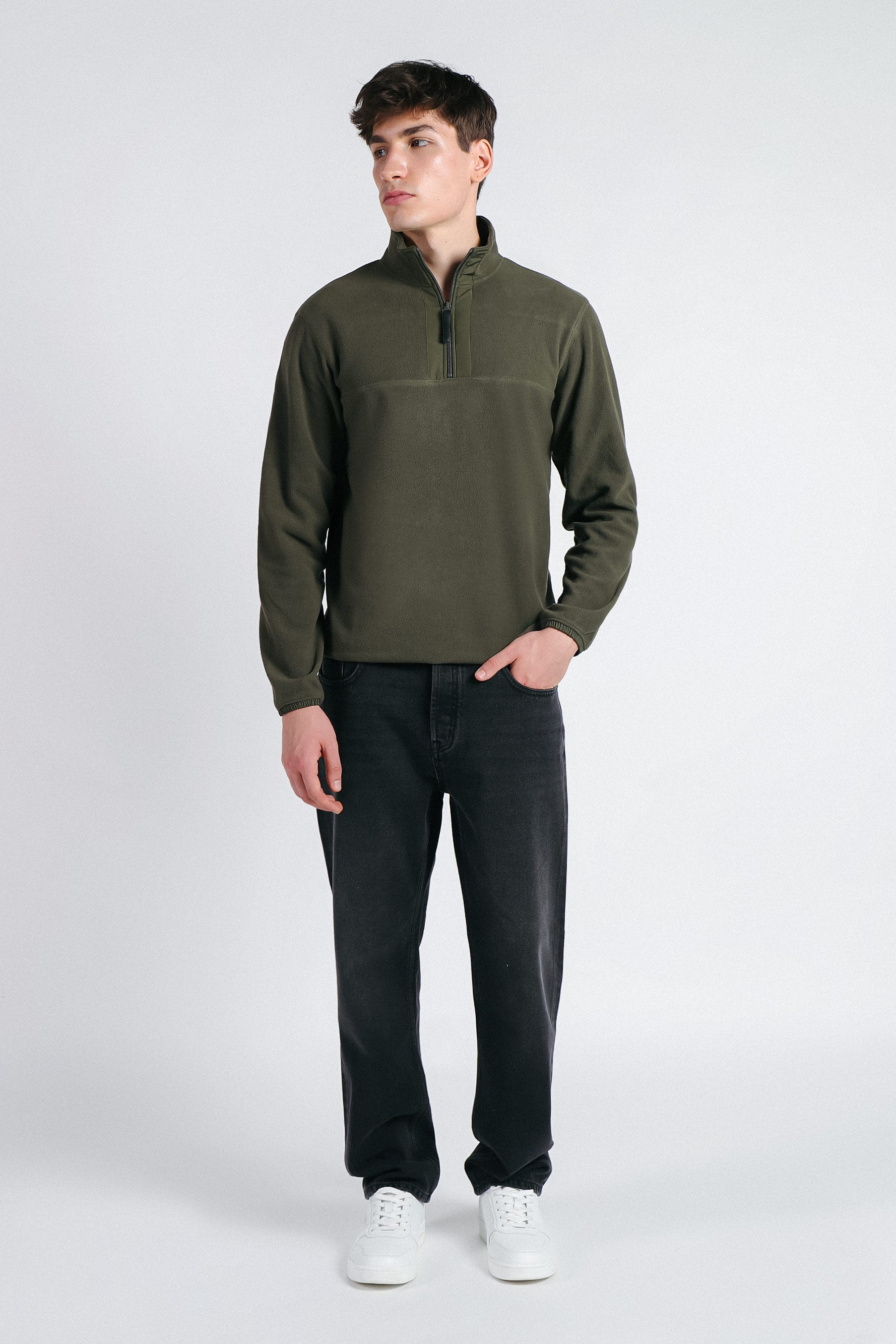 FELPA MEZZA ZIP IN PILE VERDE MILITARE - Sonnybono