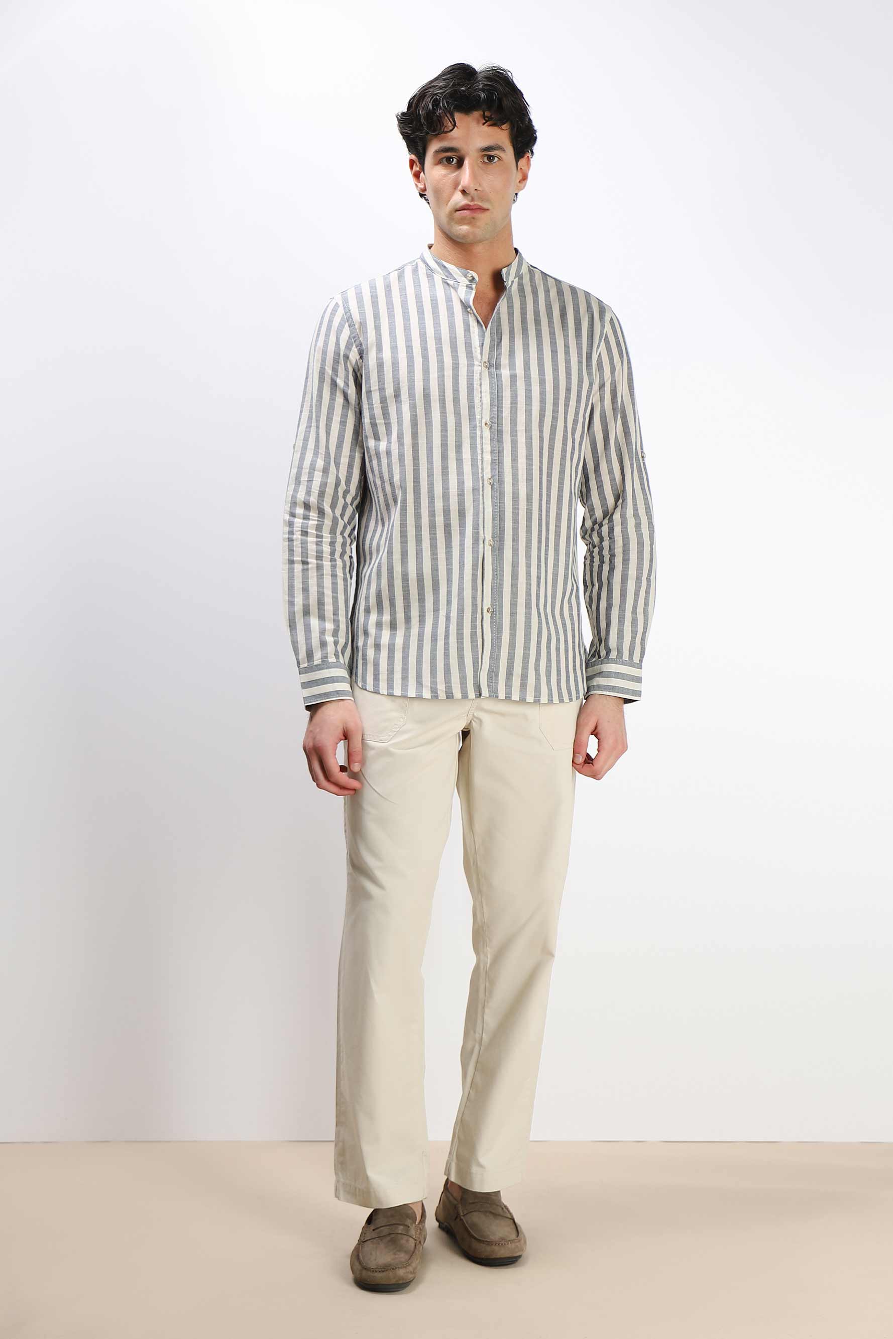 CAMICIA COLLO COREANO COTONE SLUB SABBIA
