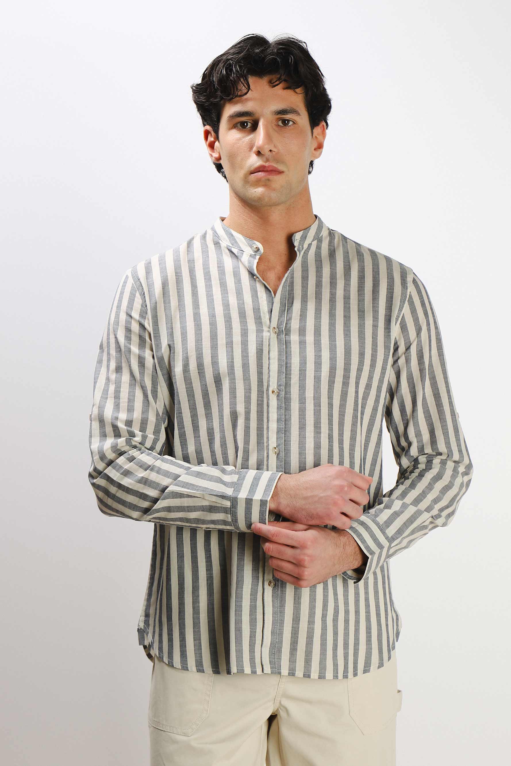 CAMICIA COLLO COREANO COTONE SLUB SABBIA