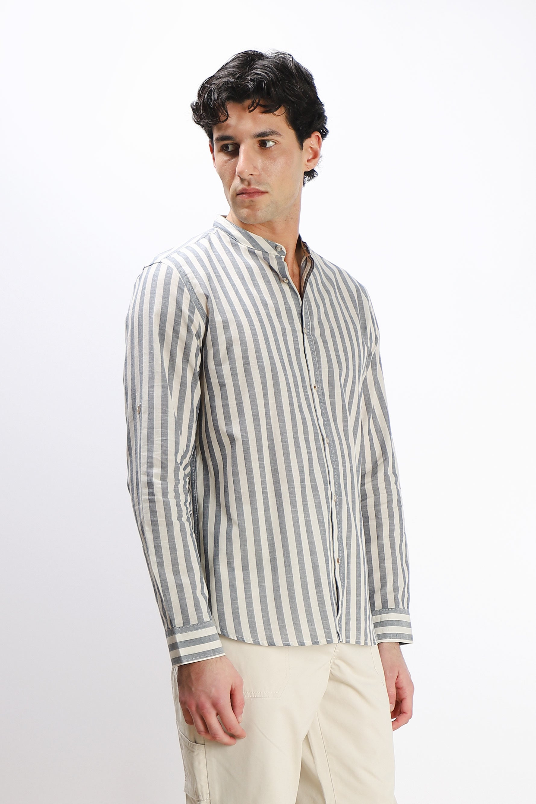 CAMICIA COLLO COREANO COTONE SLUB SABBIA