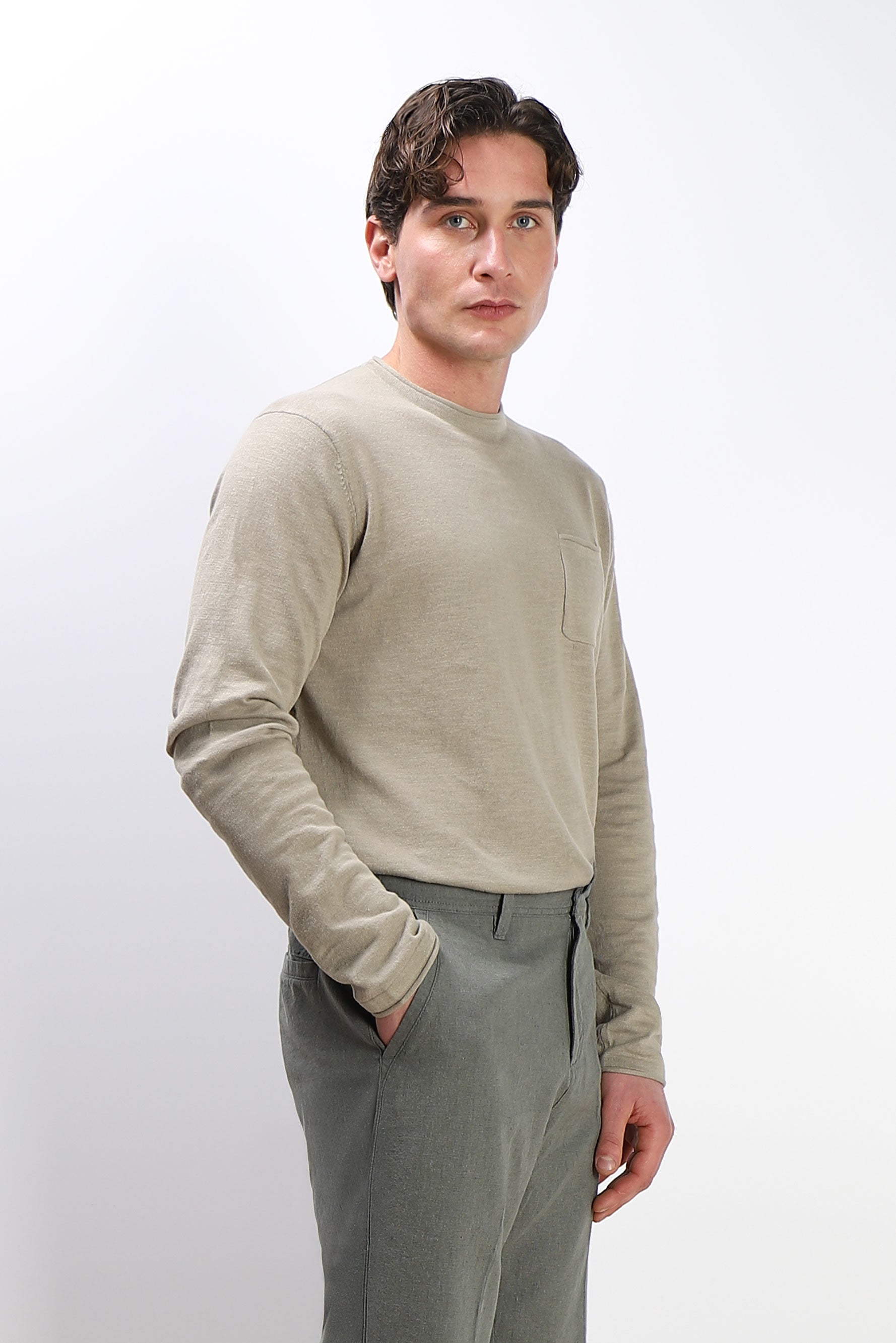 MAGLIA IN COTONE SLUB E TASCHINO KAKI