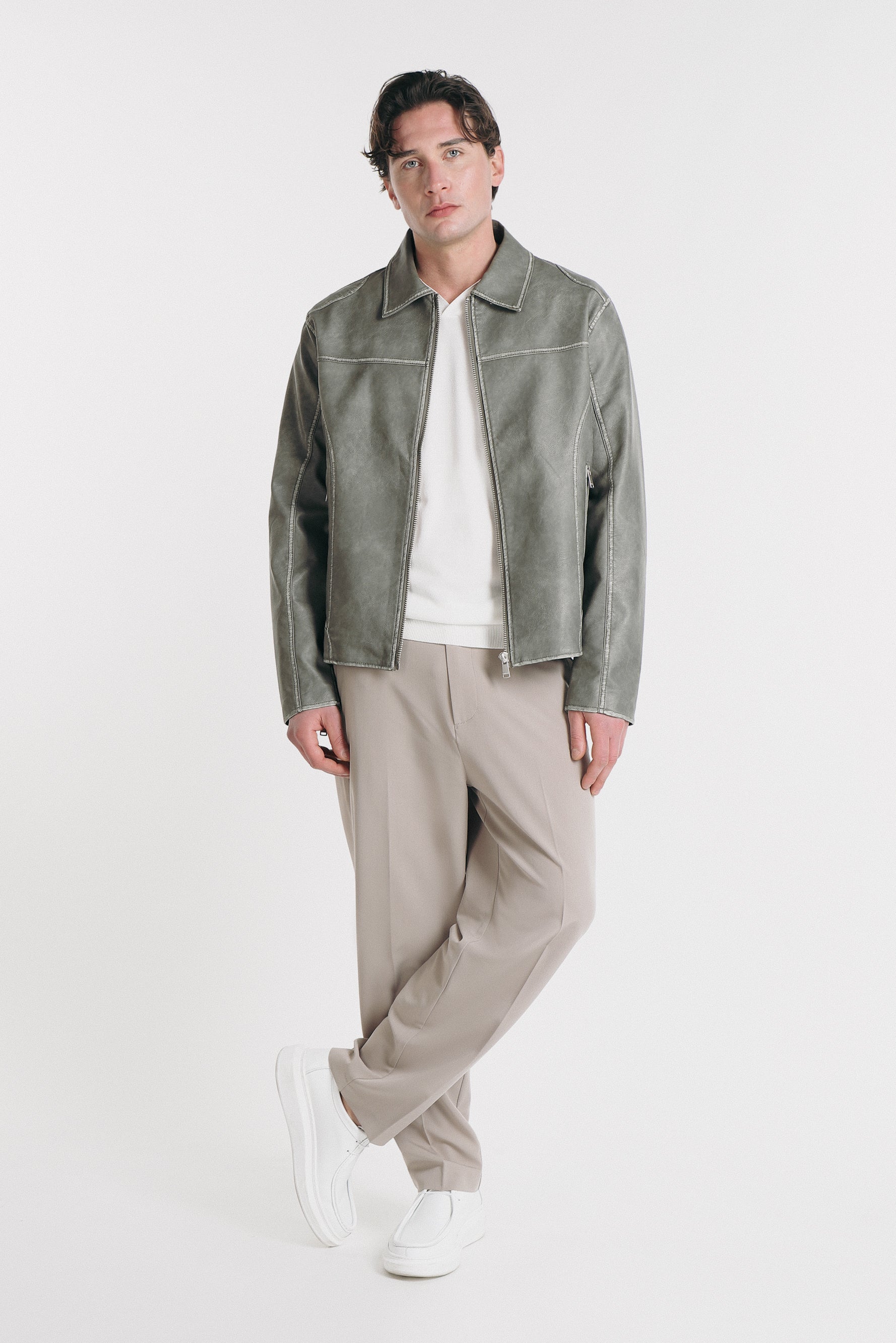 GIUBBOTTO BIKER EFFETTO SLAVATO GRIGIO - Sonnybono