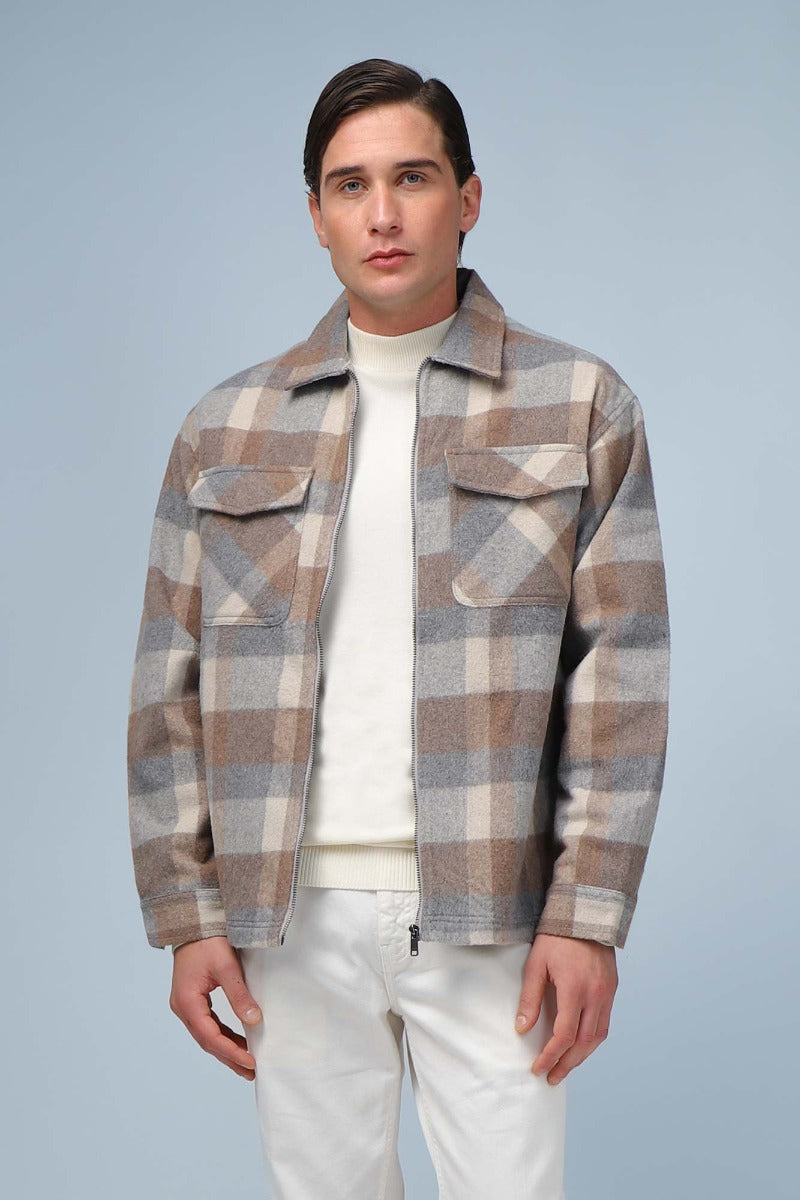 GIUBBOTTO OVERSHIRT A QUADRI BEIGE - Sonnybono