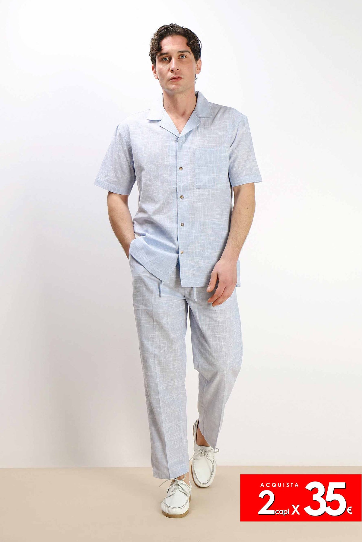 PANTALONE IN COTONE SLUB CON COULISSE AZZURRO