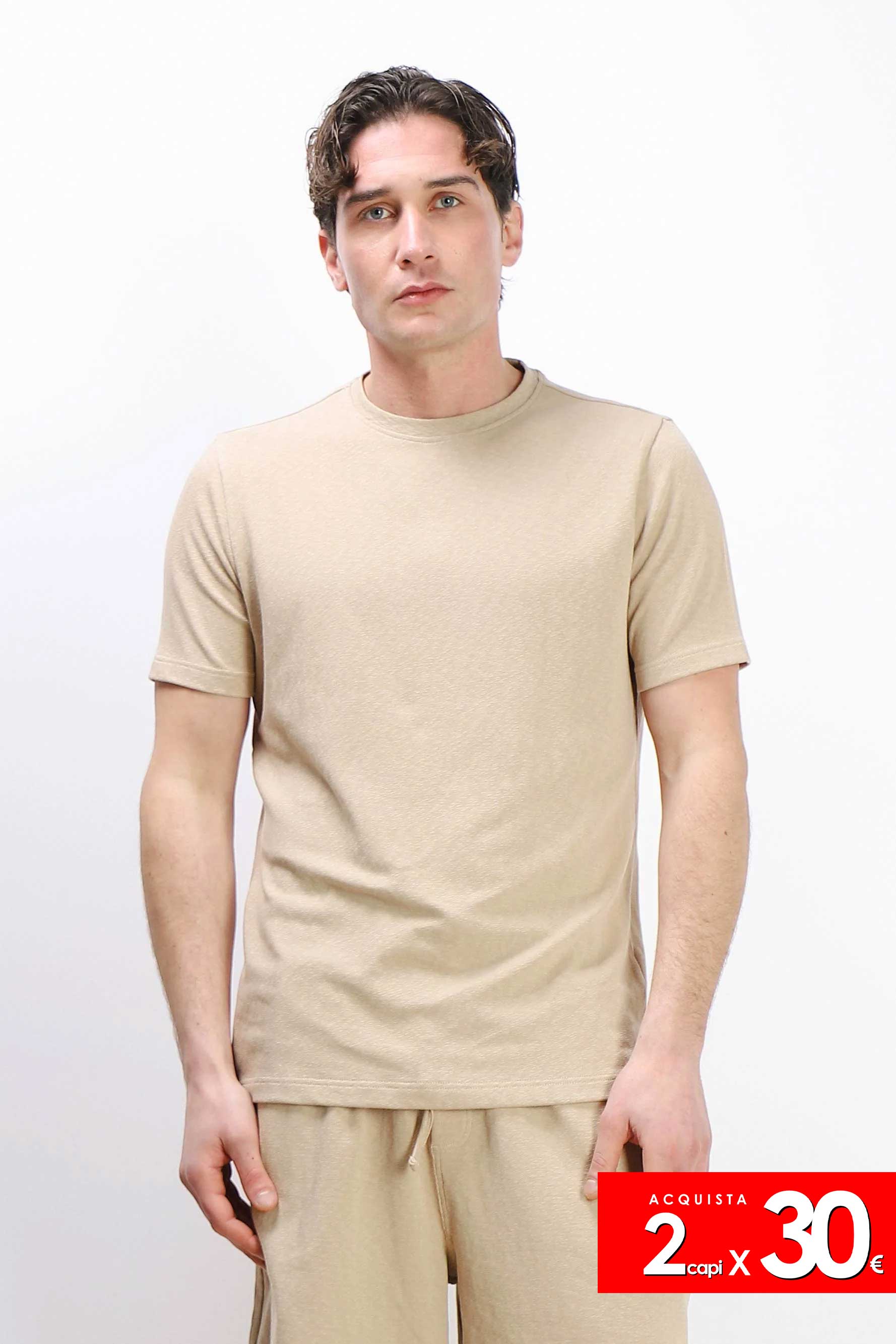 T-SHIRT GIROCOLLO SLUB EFFETTO LINO BEIGE