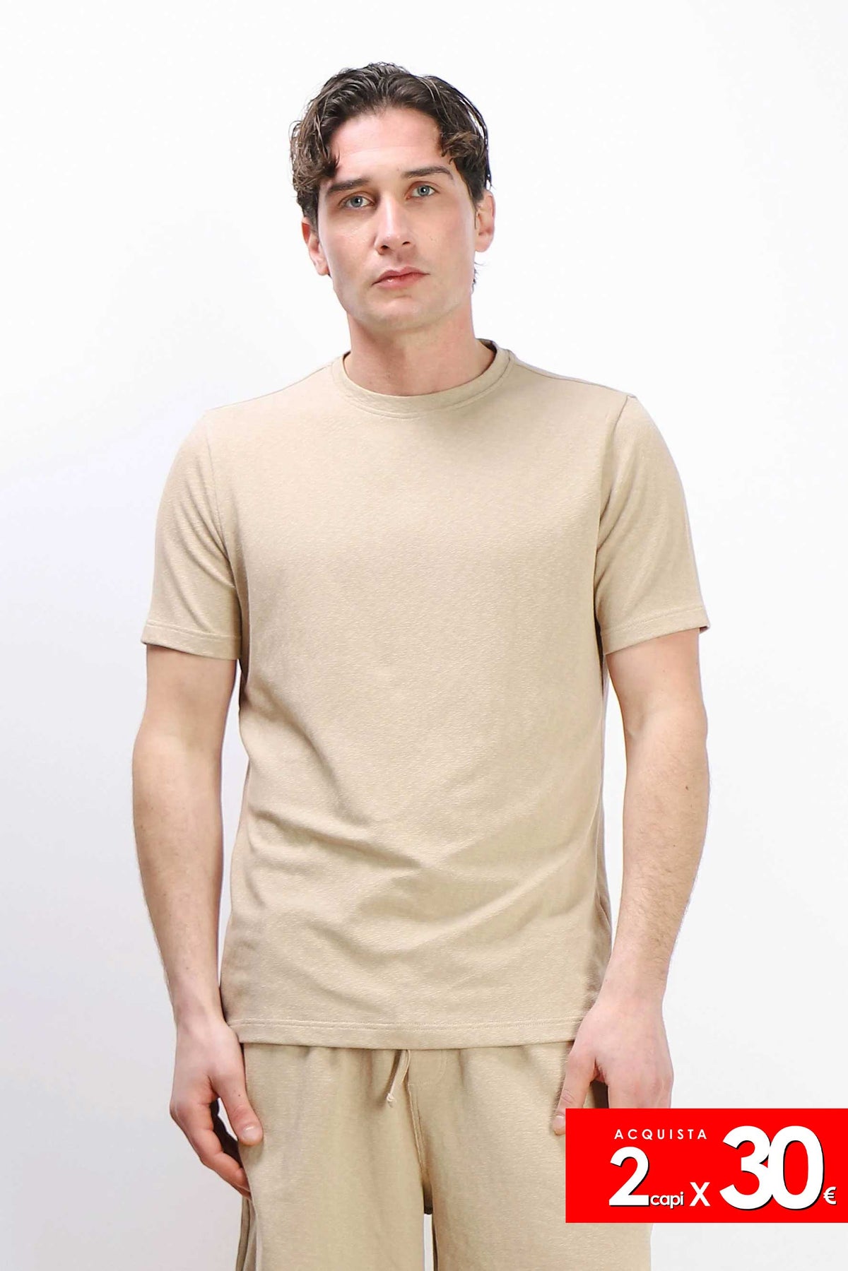 T-SHIRT GIROCOLLO SLUB EFFETTO LINO BEIGE