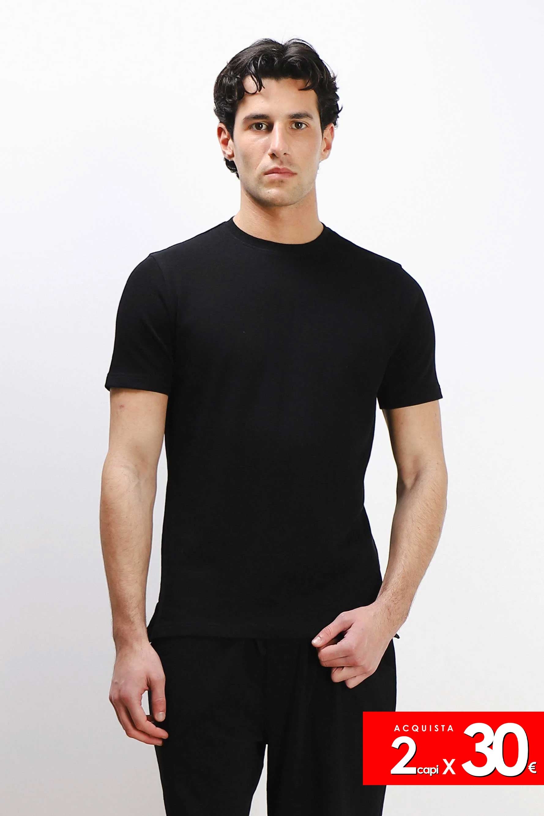 T-SHIRT GIROCOLLO SLUB EFFETTO LINO NERO