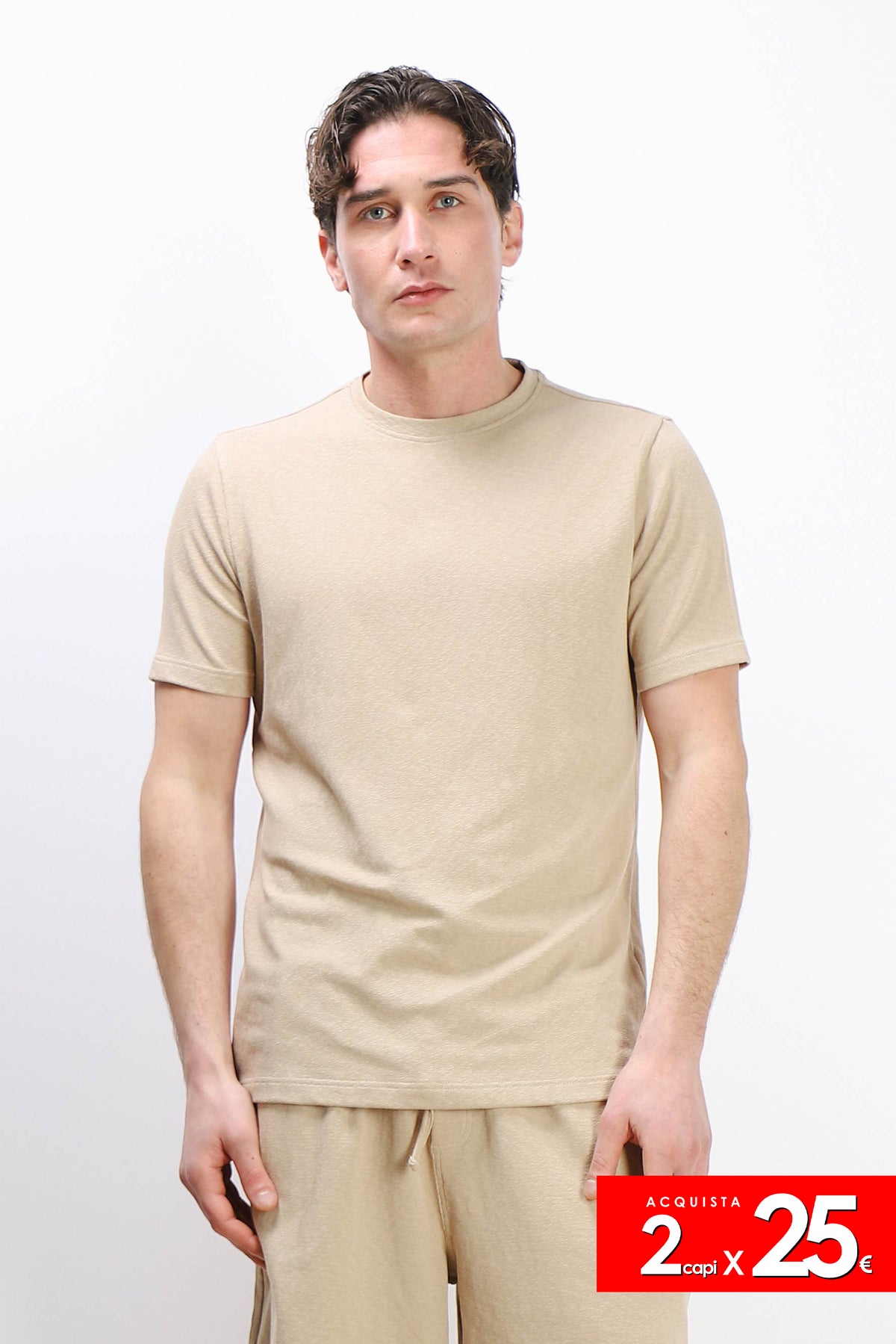 T-SHIRT GIROCOLLO SLUB EFFETTO LINO BEIGE