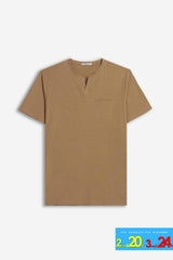 T-SHIRT COLLO A GOCCIA IN SLUB BISCOTTO