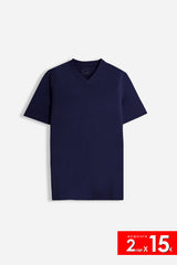 T-SHIRT SCOLLO A V BASIC STRETCH BLEU