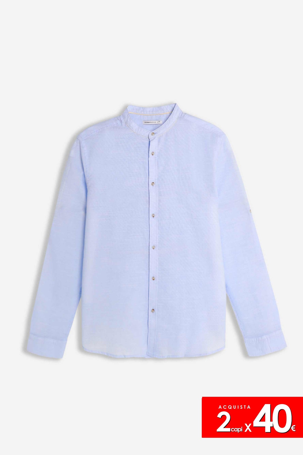 CAMICIA COLLO COREANO COTONE SLUB AZZURRO