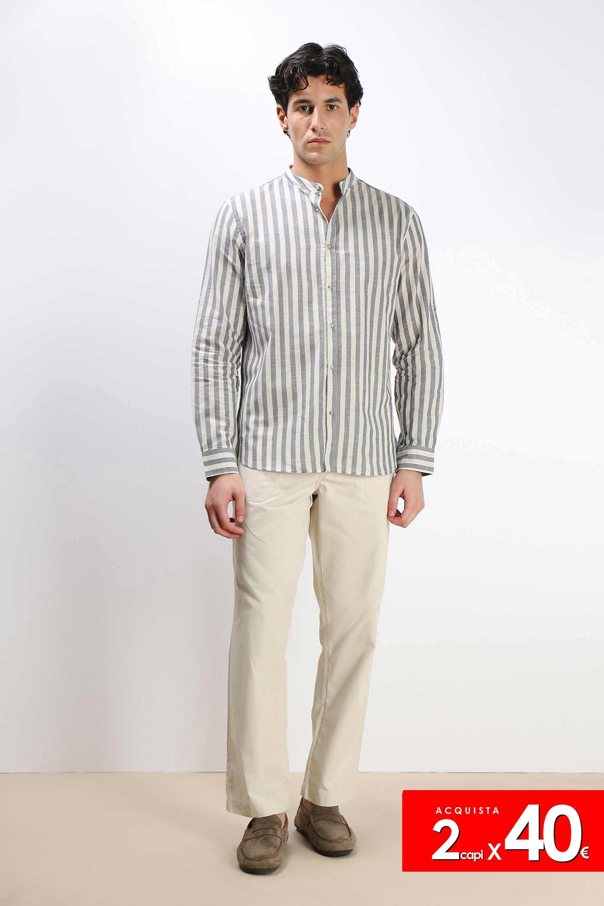 CAMICIA COLLO COREANO COTONE SLUB SABBIA