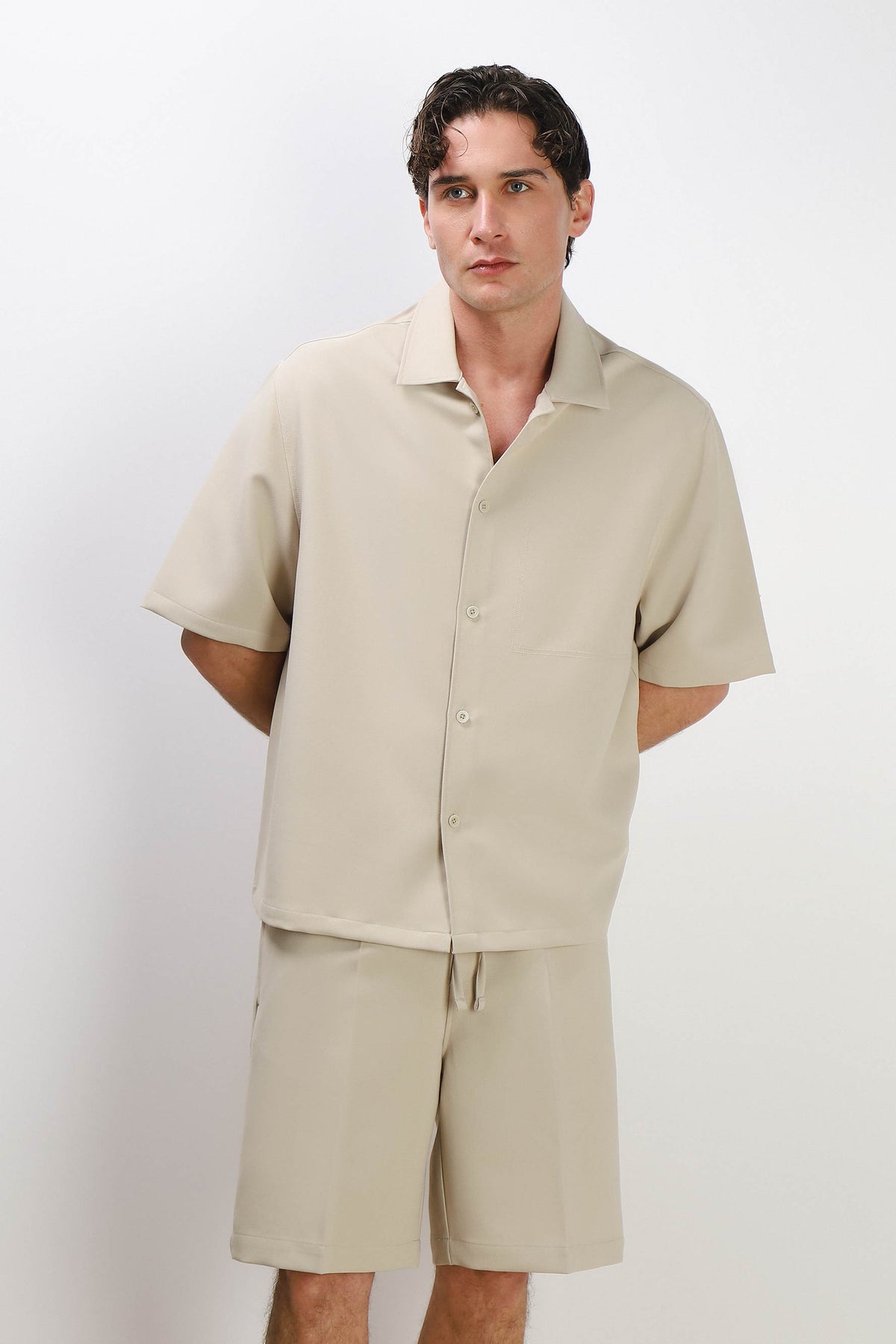CAMICIA MEZZA MANICA COLLO BOWLING BEIGE