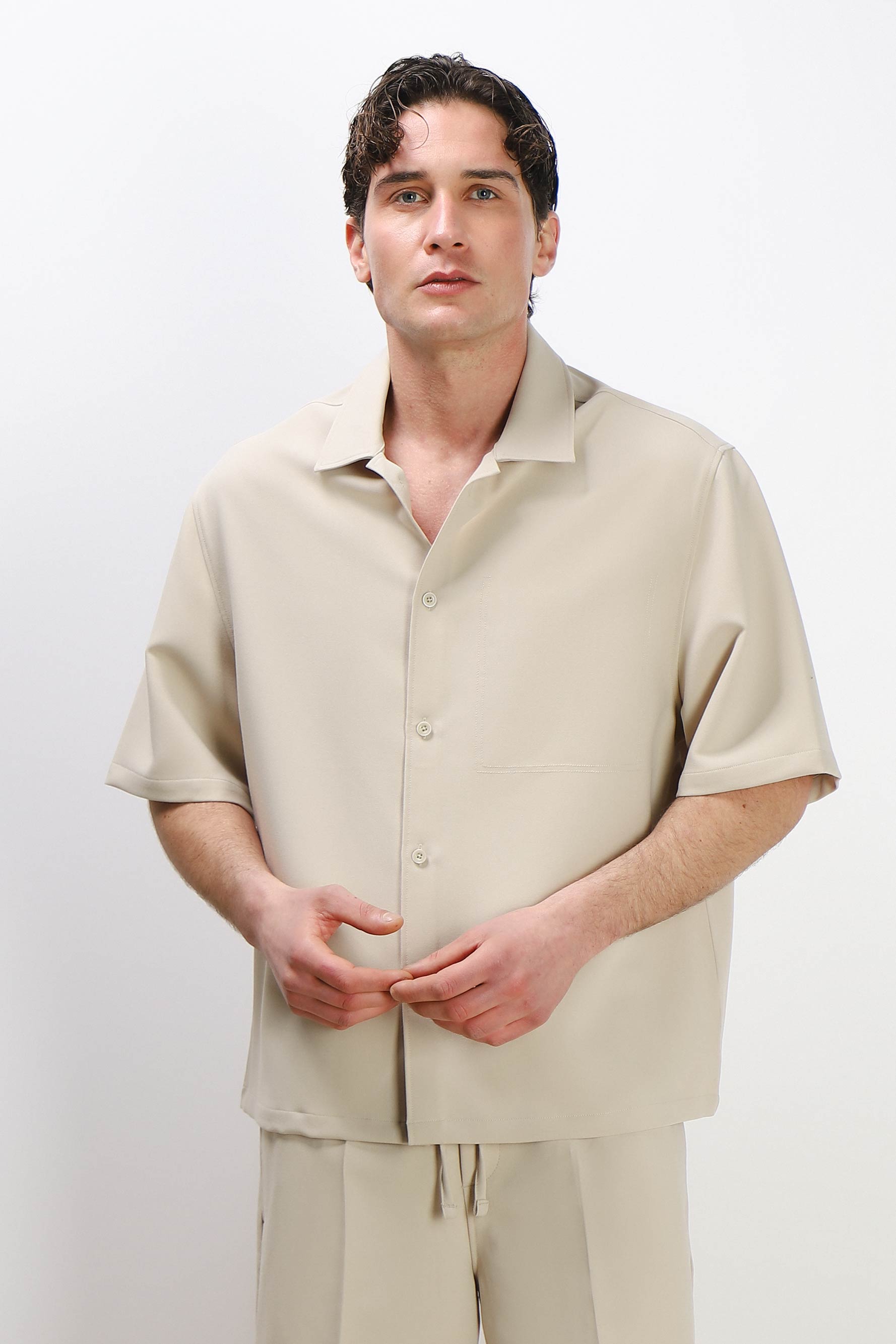CAMICIA MEZZA MANICA COLLO BOWLING BEIGE