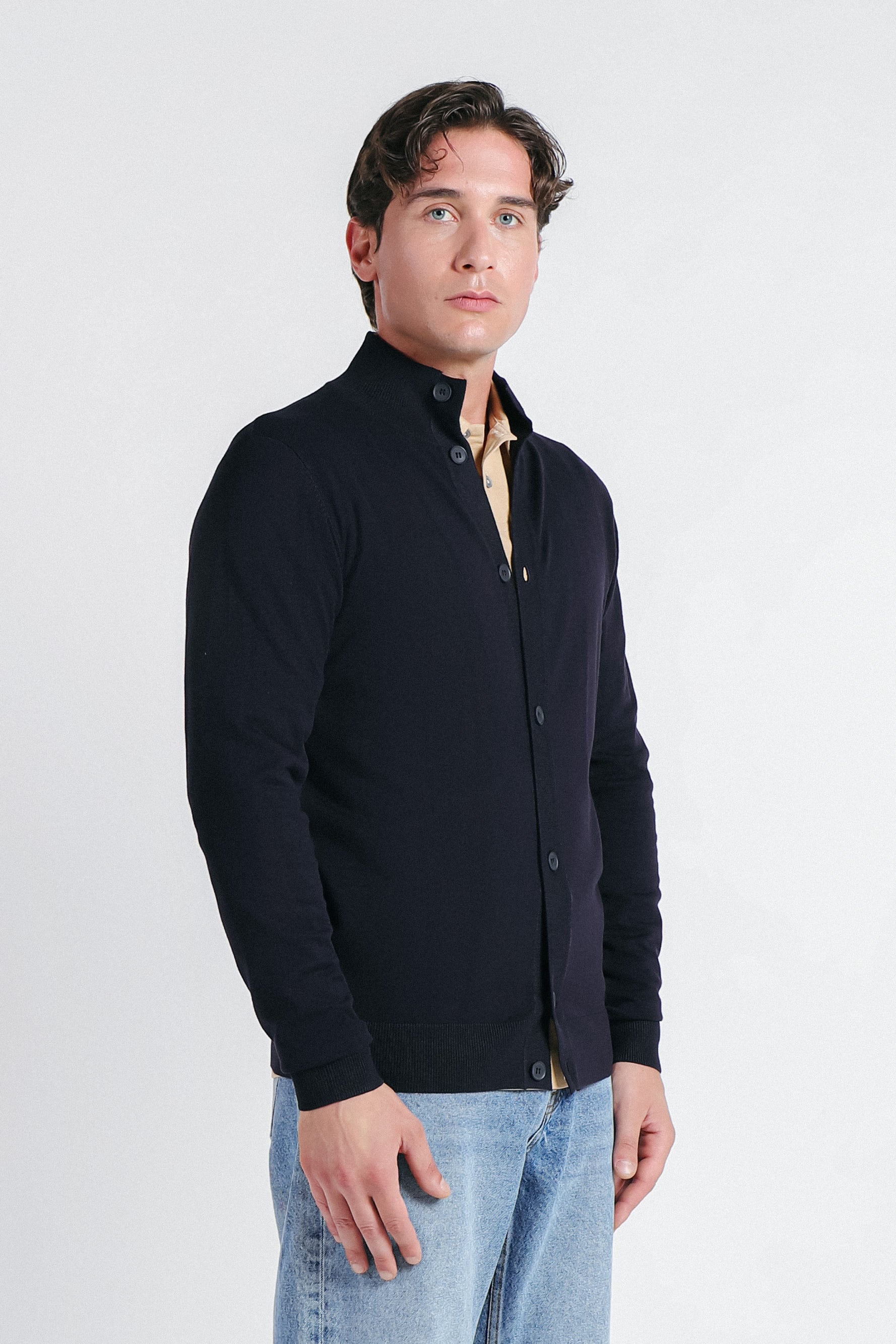 CARDIGAN CON COLLO ALTO BLEU