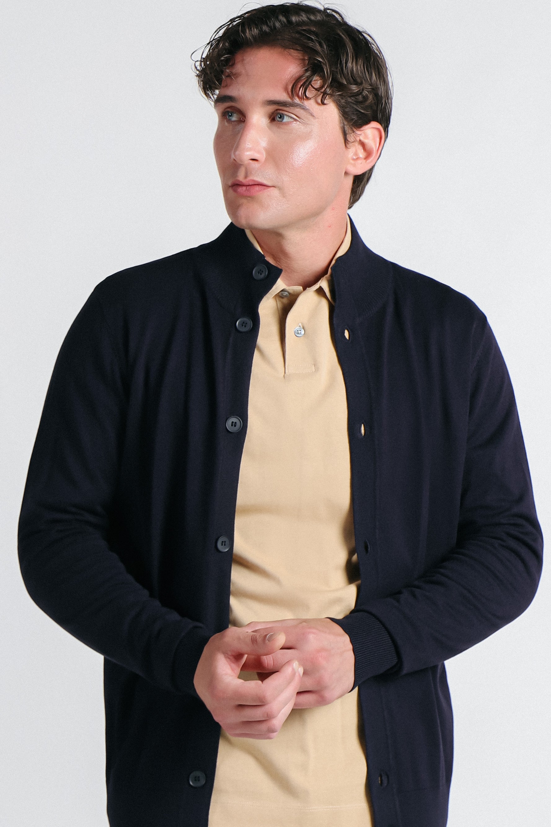 CARDIGAN CON COLLO ALTO BLEU