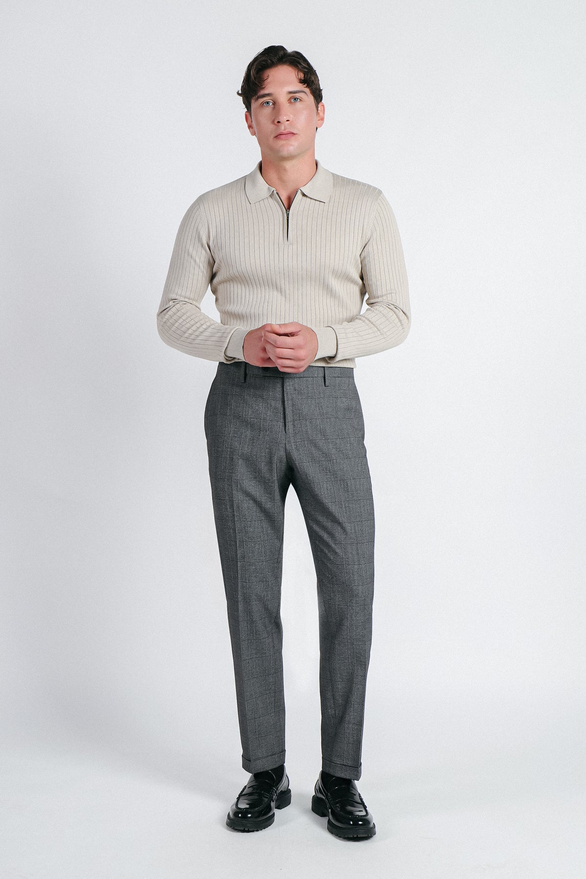 MAGLIA POLO IN COSTINA  CON MEZZA ZIP BEIGE CHIARO