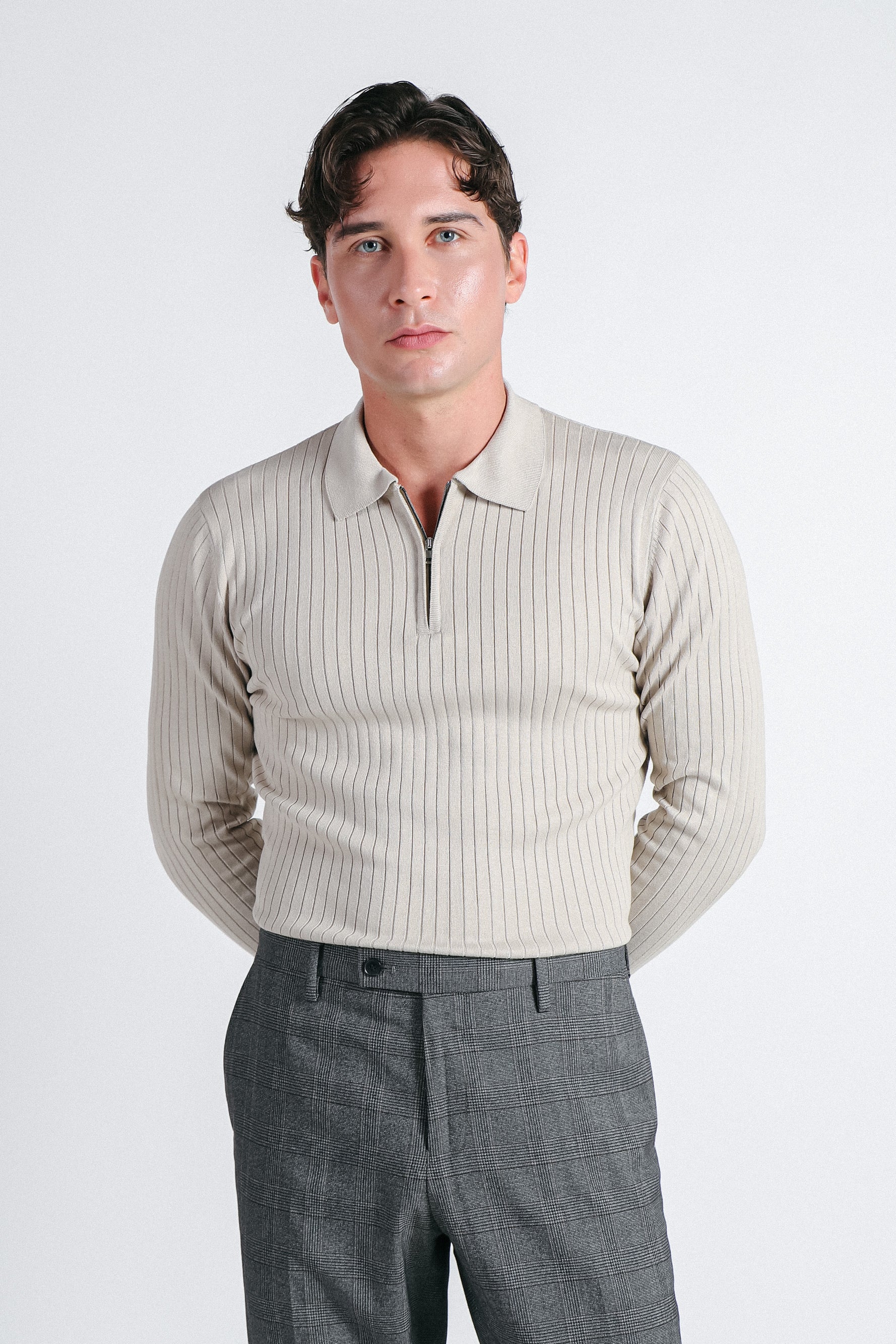 MAGLIA POLO IN COSTINA  CON MEZZA ZIP BEIGE CHIARO