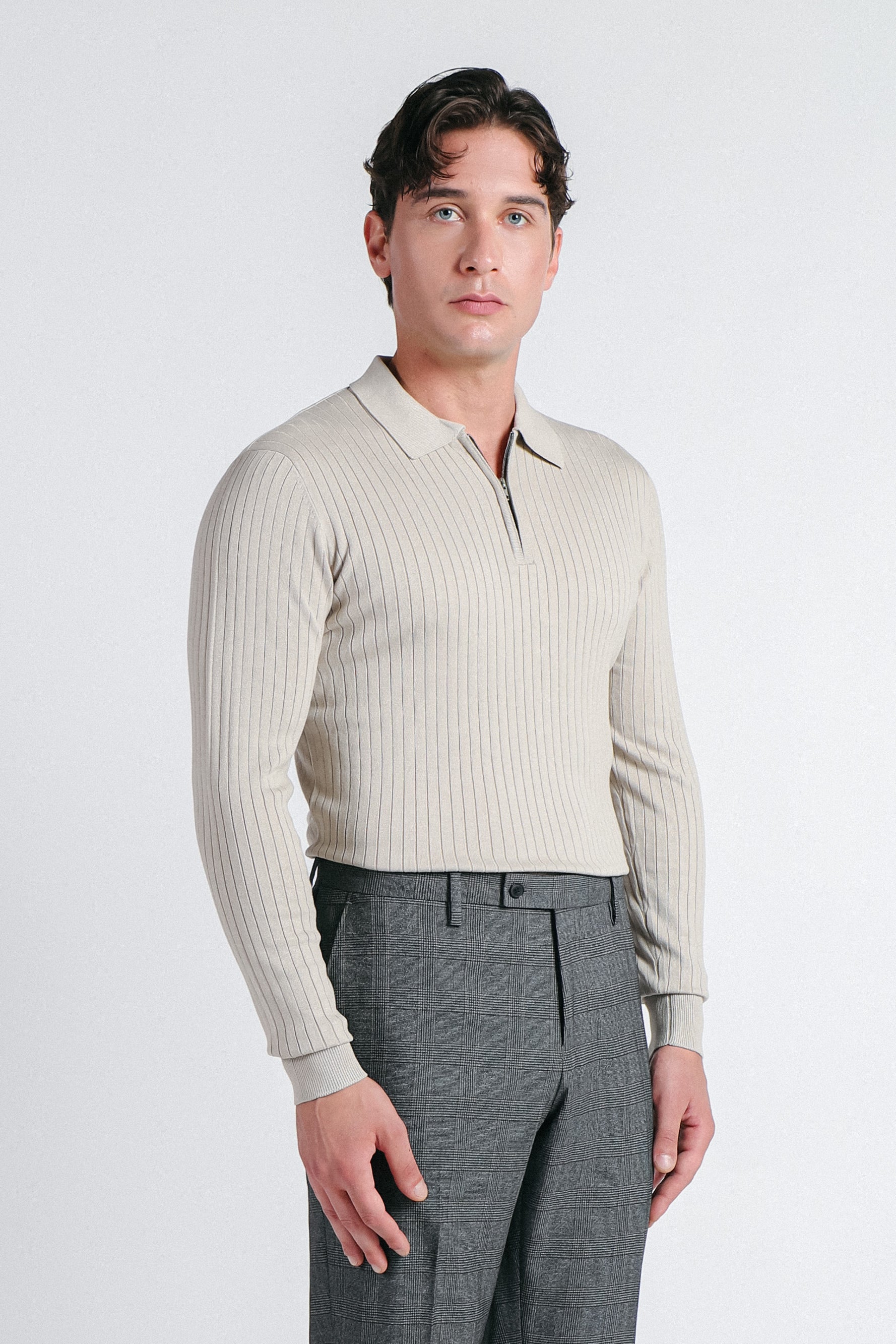 MAGLIA POLO IN COSTINA  CON MEZZA ZIP BEIGE CHIARO