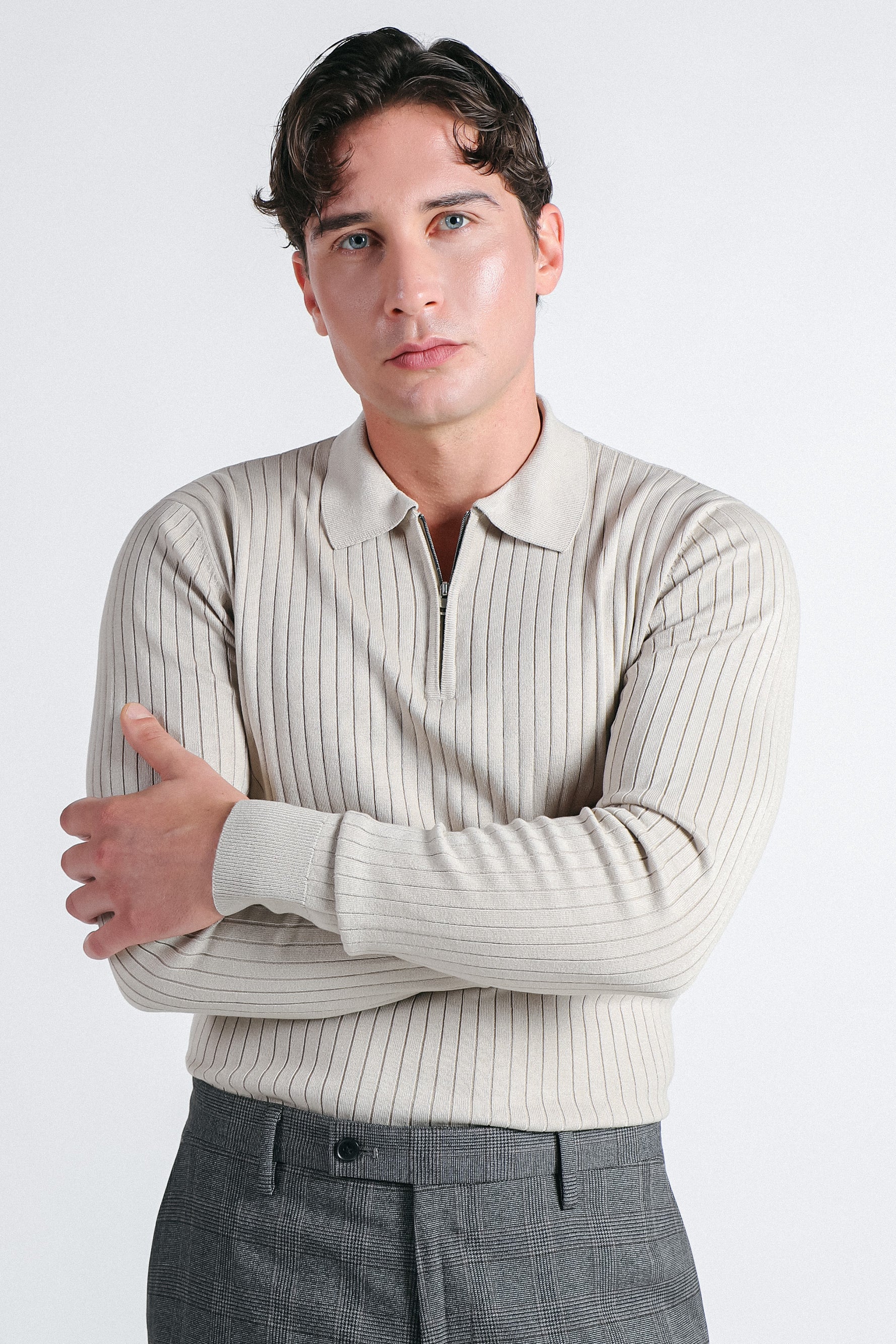 MAGLIA POLO IN COSTINA  CON MEZZA ZIP BEIGE CHIARO
