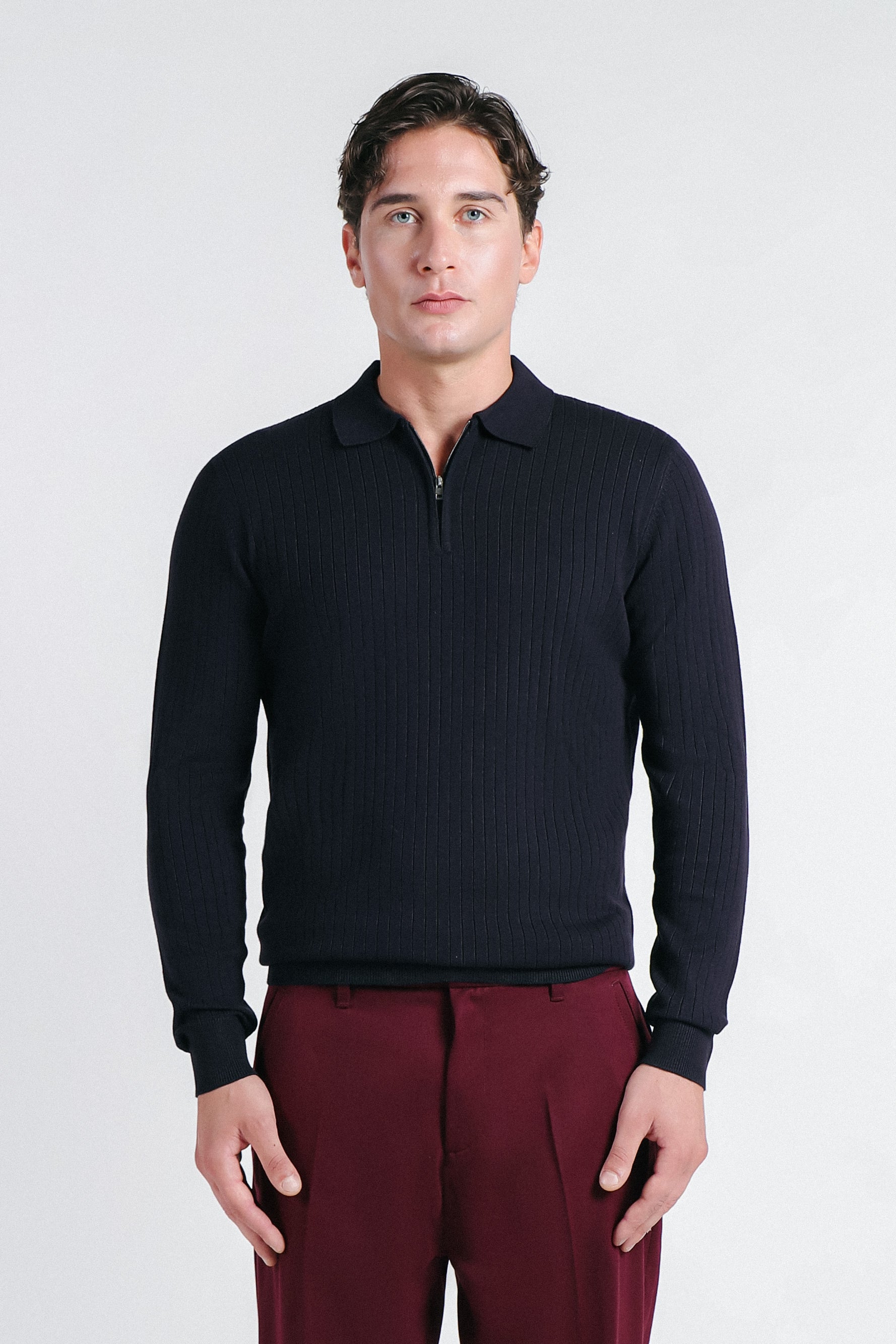 MAGLIA POLO IN COSTINA  CON MEZZA ZIP BLEU