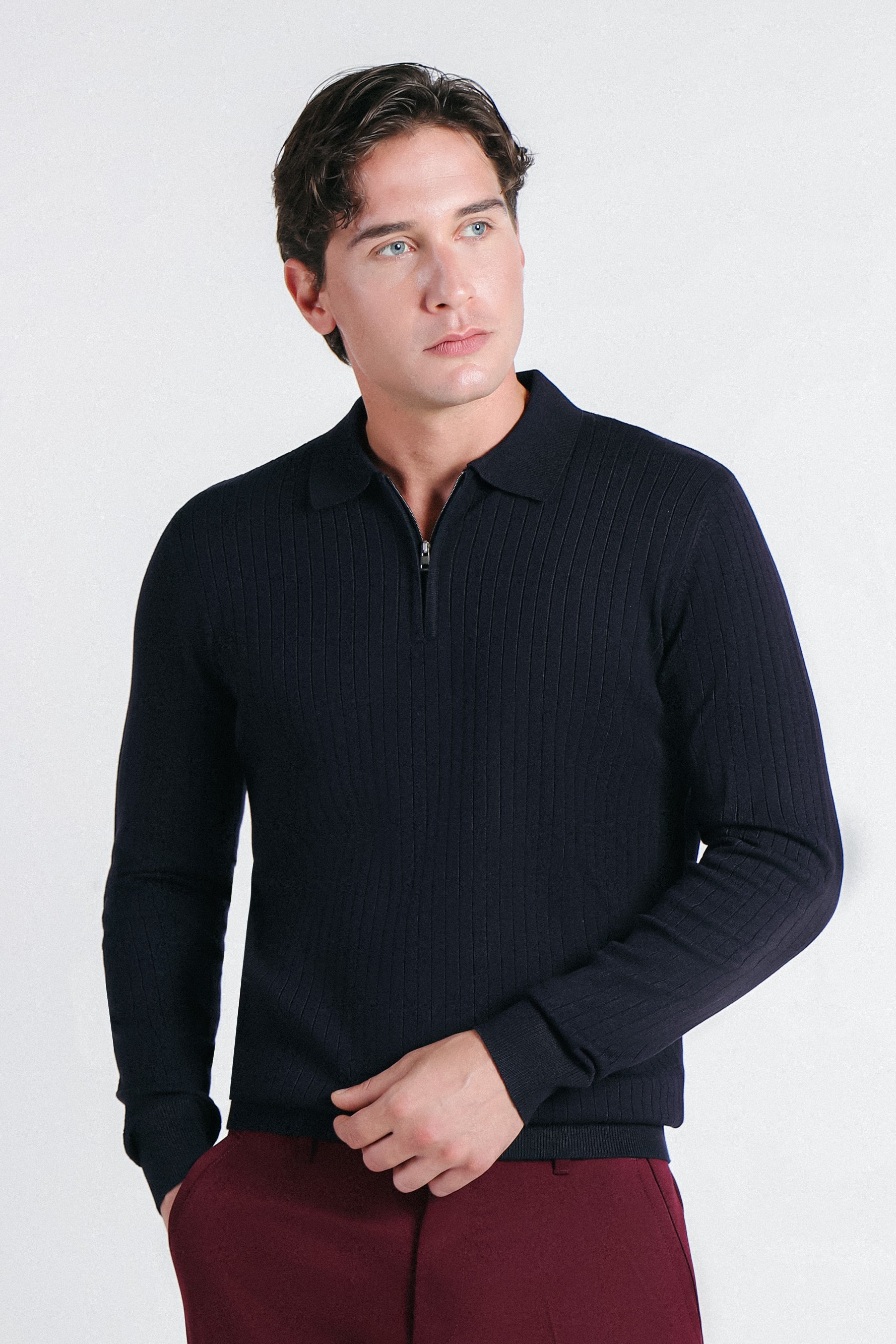 MAGLIA POLO IN COSTINA  CON MEZZA ZIP BLEU