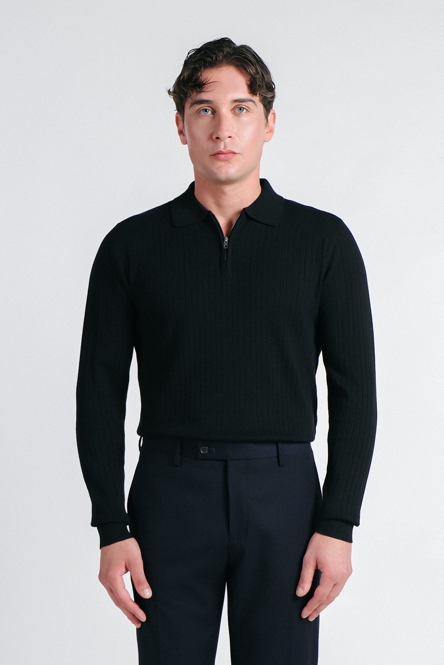 MAGLIA POLO IN COSTINA  CON MEZZA ZIP NERO