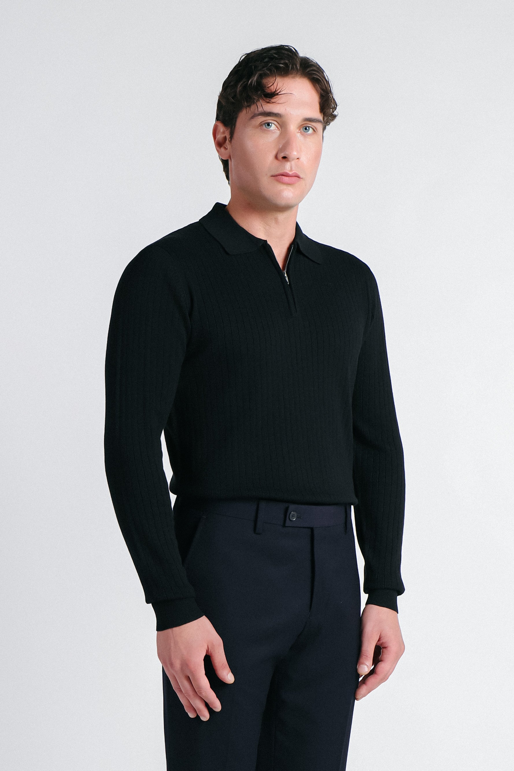 MAGLIA POLO IN COSTINA  CON MEZZA ZIP NERO