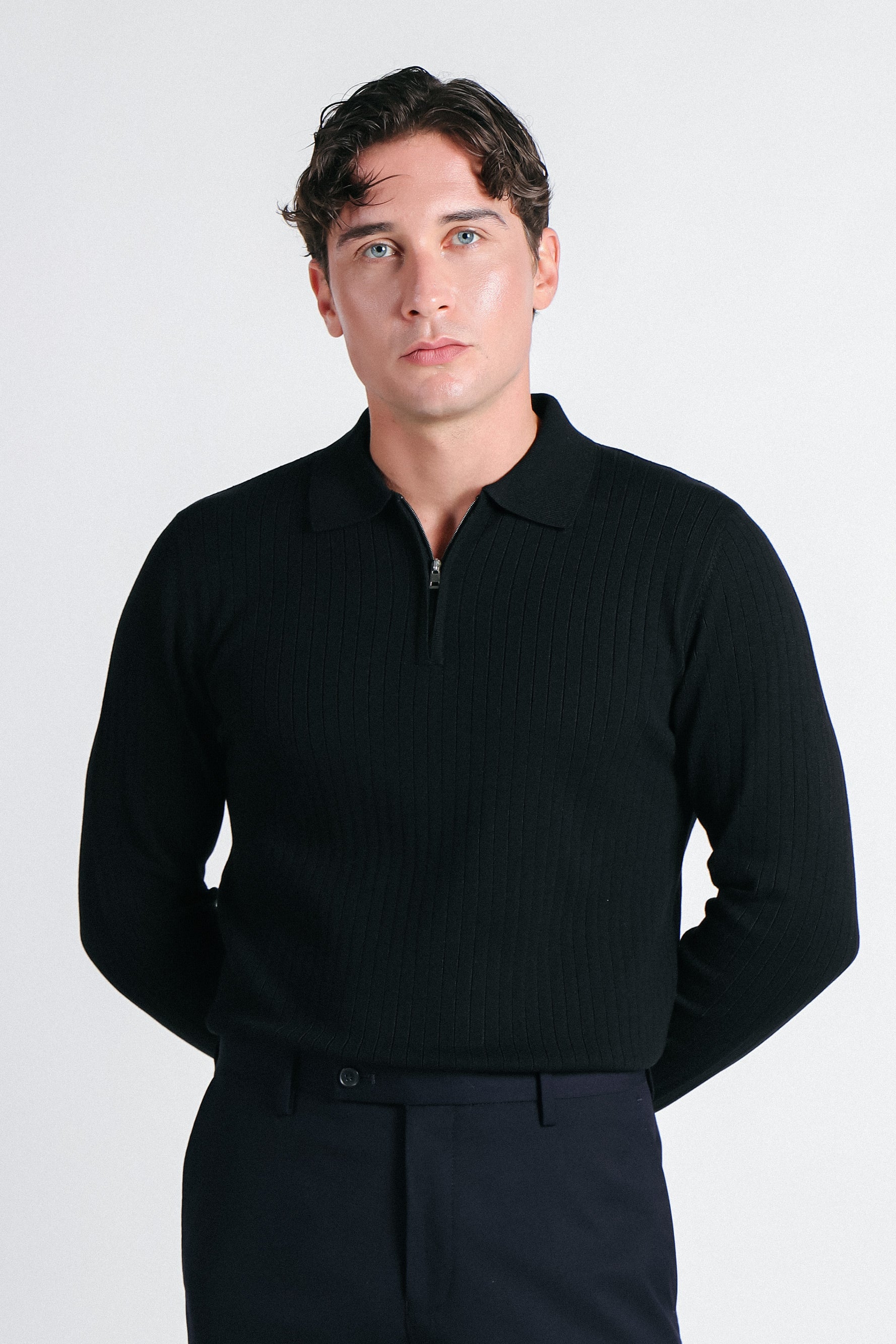 MAGLIA POLO IN COSTINA  CON MEZZA ZIP NERO