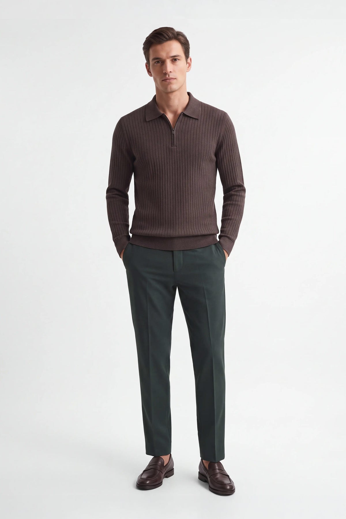 MAGLIA A COSTINA COLLO POLO MEZZA ZIP M TORTORA