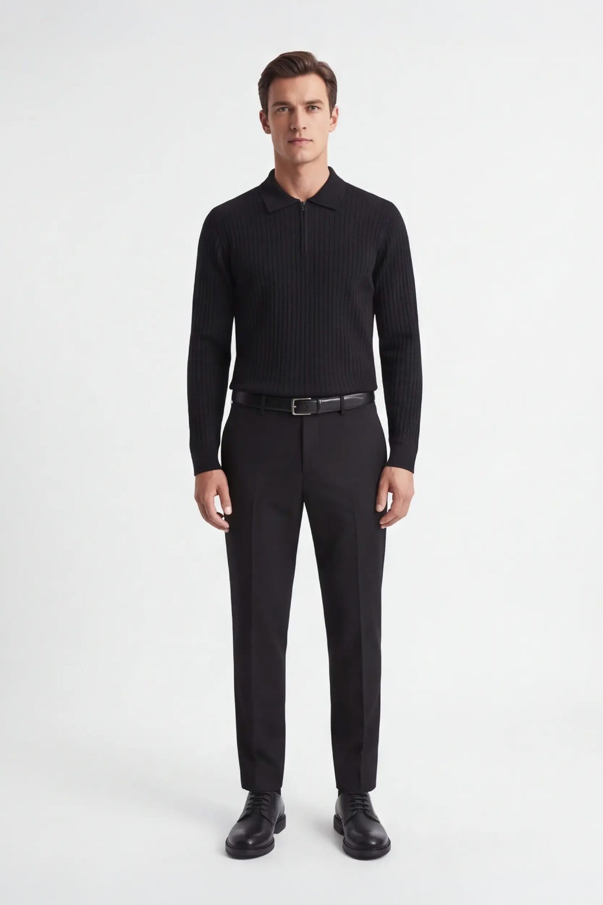 MAGLIA A COSTINA COLLO POLO MEZZA ZIP NERO