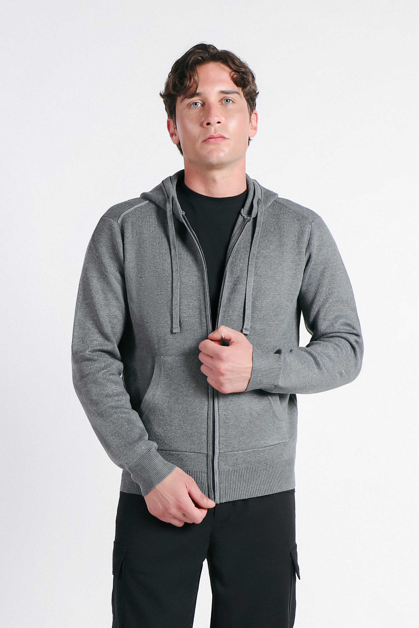 MAGLIA CON ZIP E CAPPUCCIO IN PUNTO MILANO GRIGIO MEDIO - Sonnybono