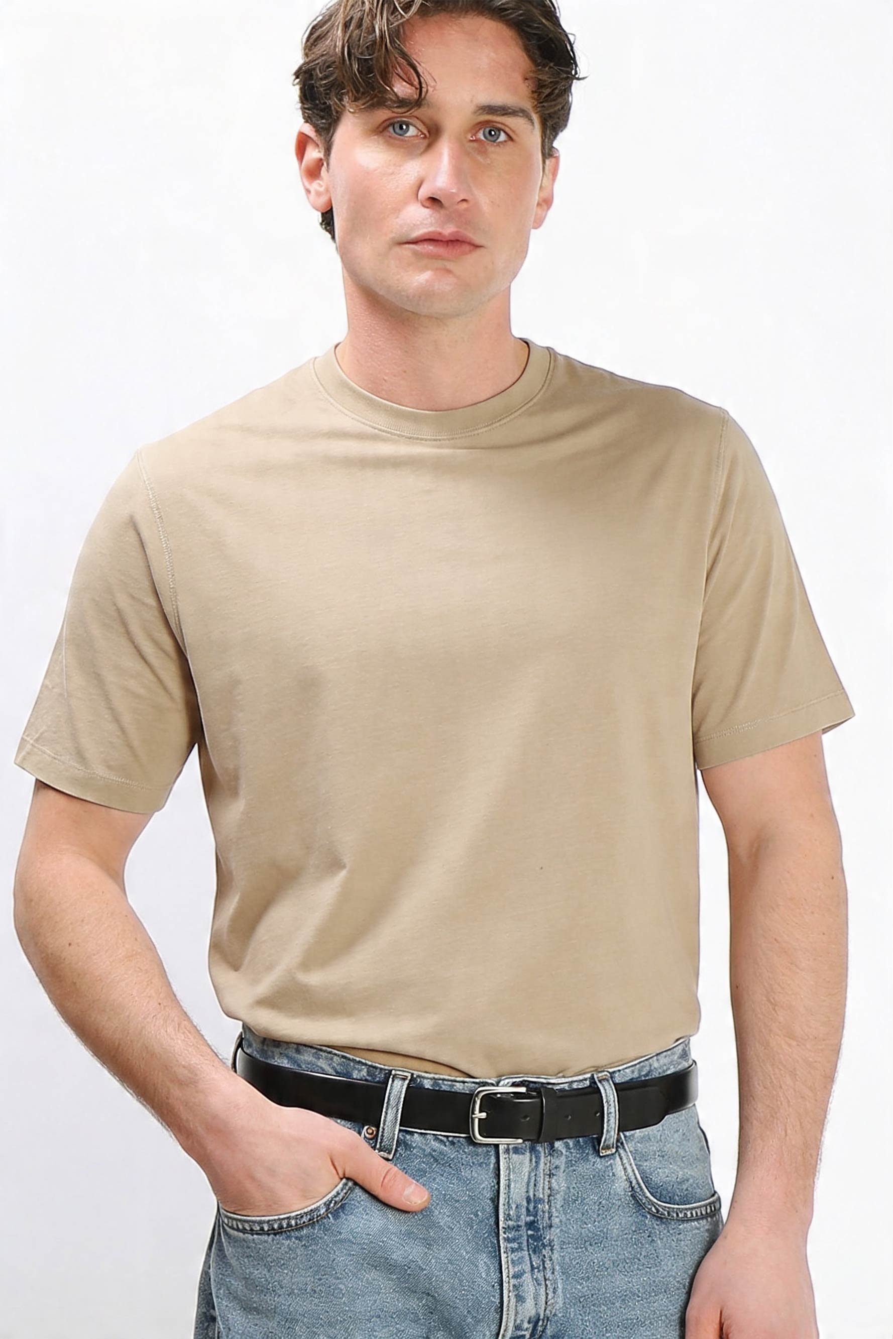 T-SHIRT GIROCOLLO IN COTONE MORBIDO SABBIA