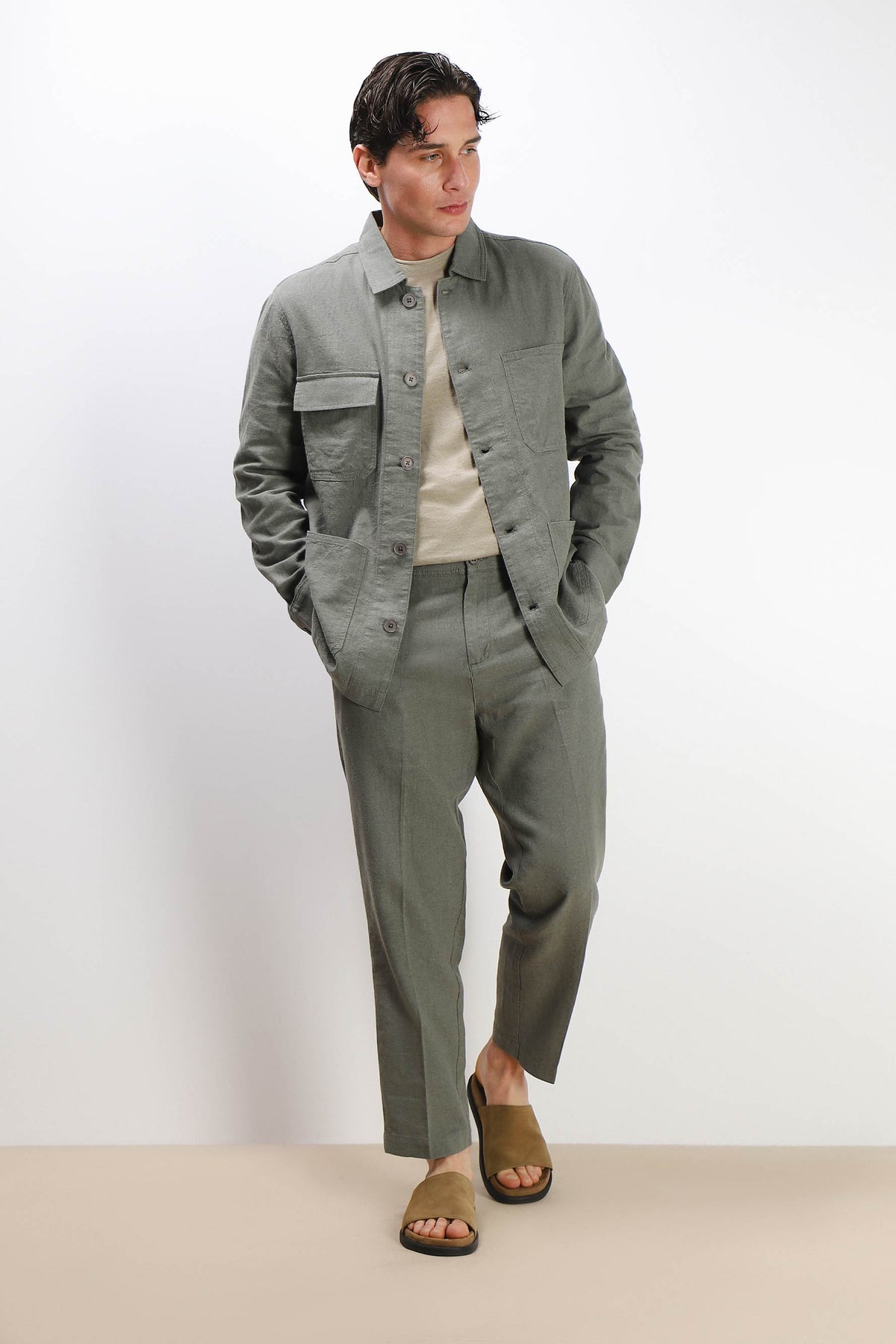 PANTALONE MISTO LINO CON COULISSE VERDE MILITARE