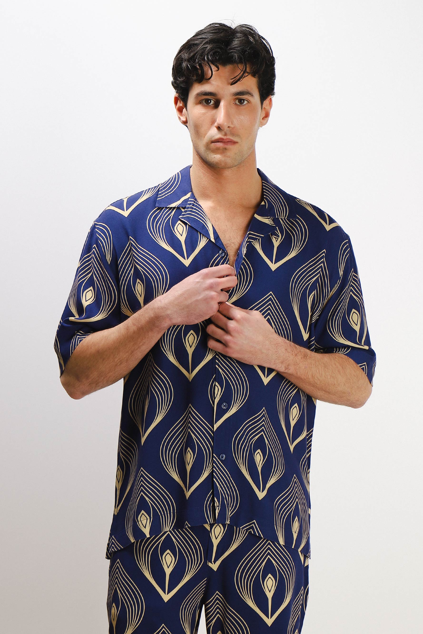 CAMICIA  MORBIDA FANTASIA MEZZA MANICA F INDACO