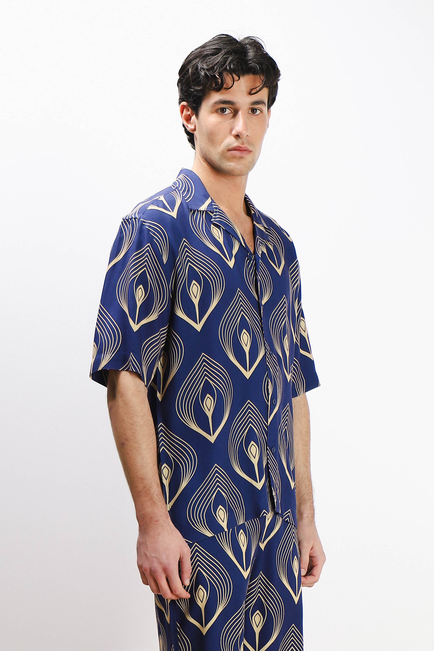 CAMICIA  MORBIDA FANTASIA MEZZA MANICA F INDACO