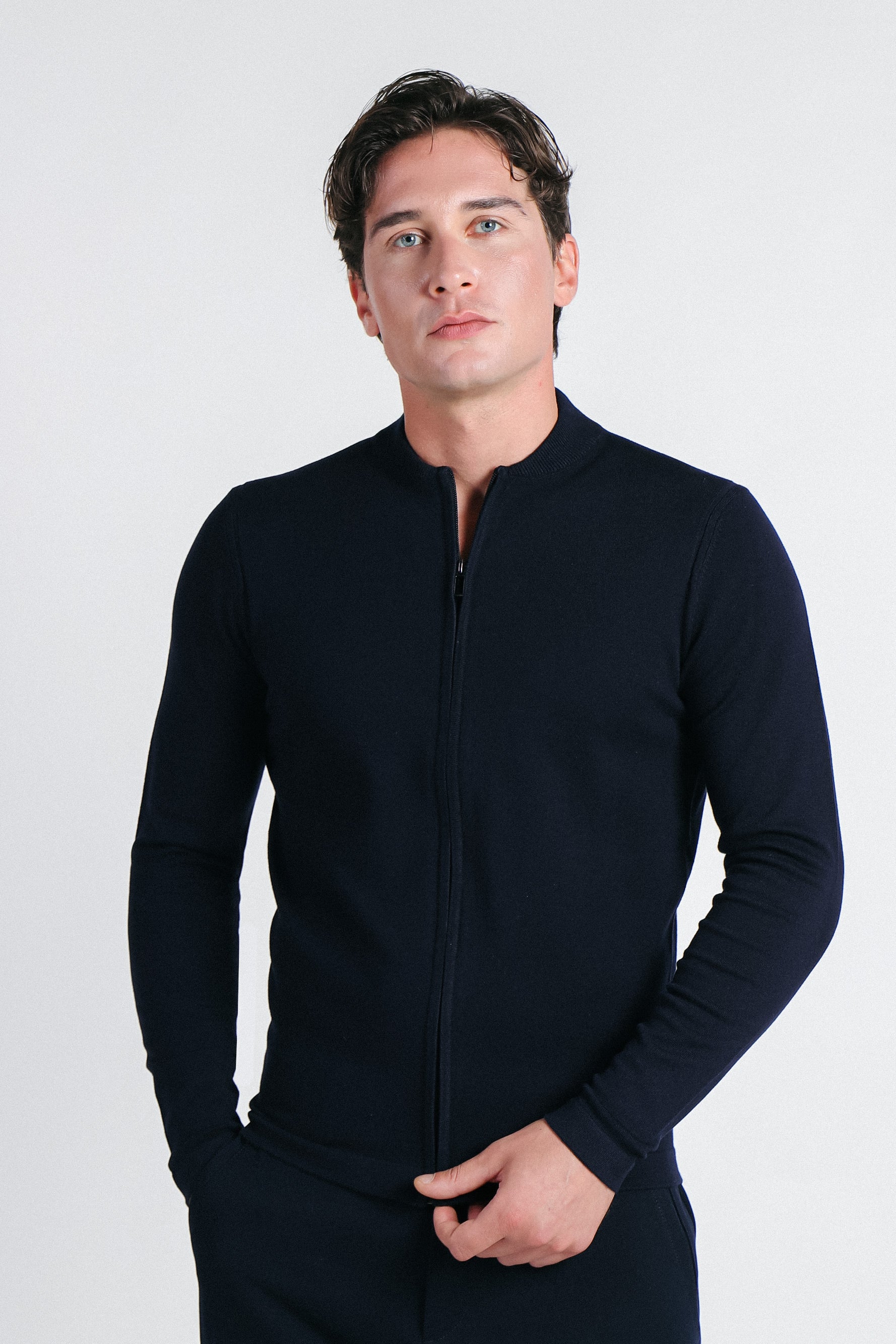 CARDIGAN CON ZIP E COLLO BOMBER BLEU
