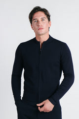 CARDIGAN CON ZIP E COLLO BOMBER BLEU