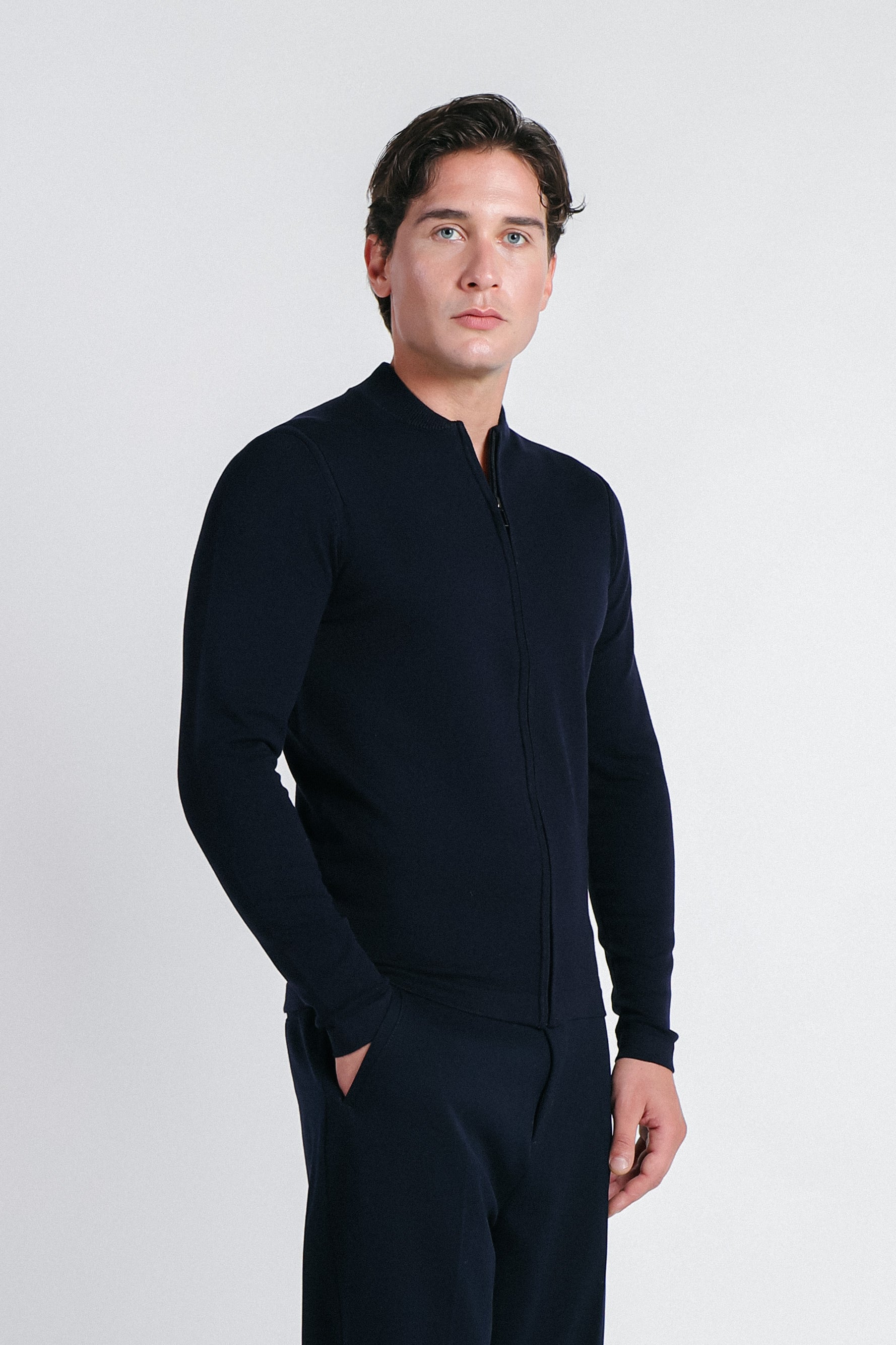 CARDIGAN CON ZIP E COLLO BOMBER BLEU