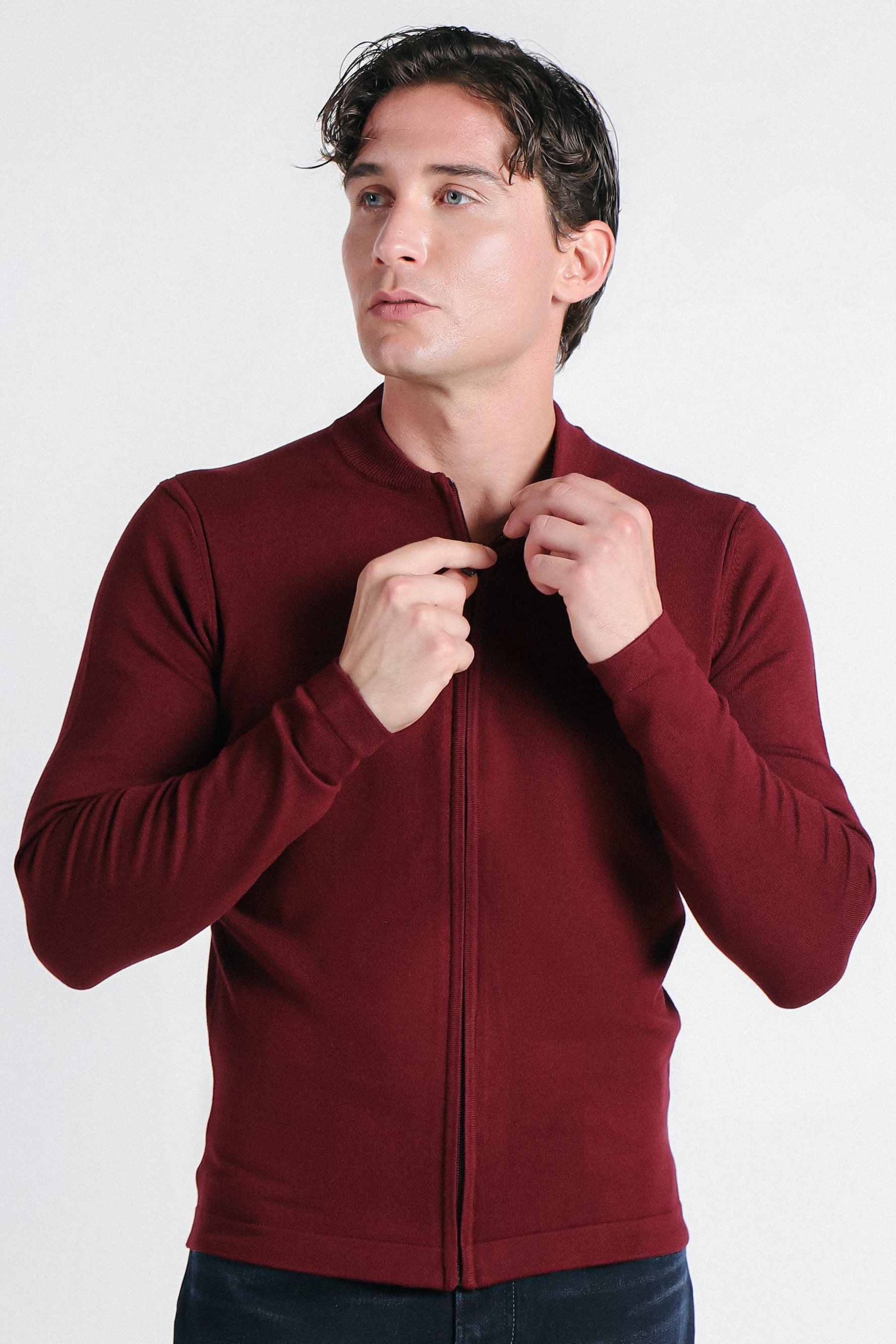CARDIGAN CON ZIP E COLLO BOMBER VINACCIA