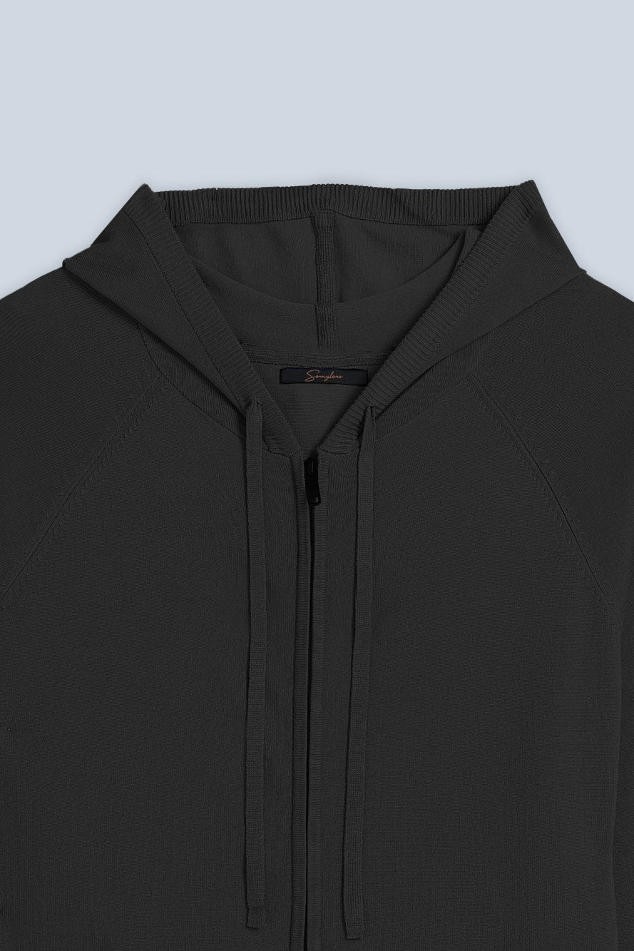 MAGLIA CON CAPPUCCIO ZIP E MARSUPIO NERO