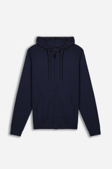 MAGLIA CON ZIP, CAPPUCCIO E MARSUPIO BLEU