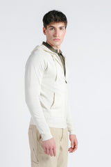 MAGLIA CON ZIP, CAPPUCCIO E MARSUPIO PANNA