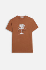 T-SHIRT SLUB CON STAMPA PALMA COGNAC