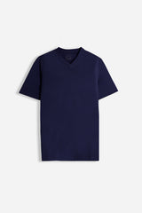 T-SHIRT SCOLLO A V BASIC STRETCH BLEU