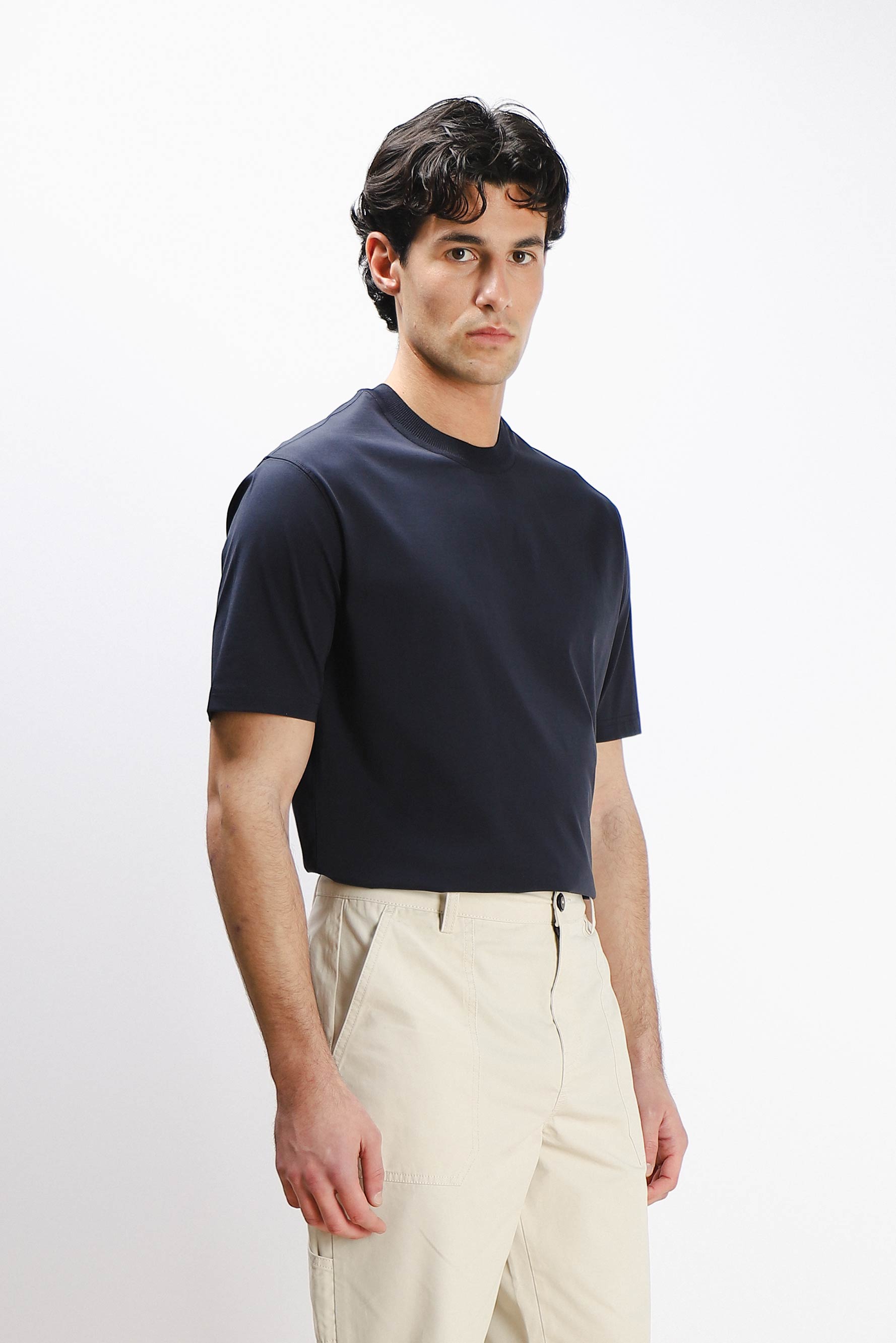 T-SHIRT GIROCOLLO STRETCH CON COLLO A COSTINE BLEU
