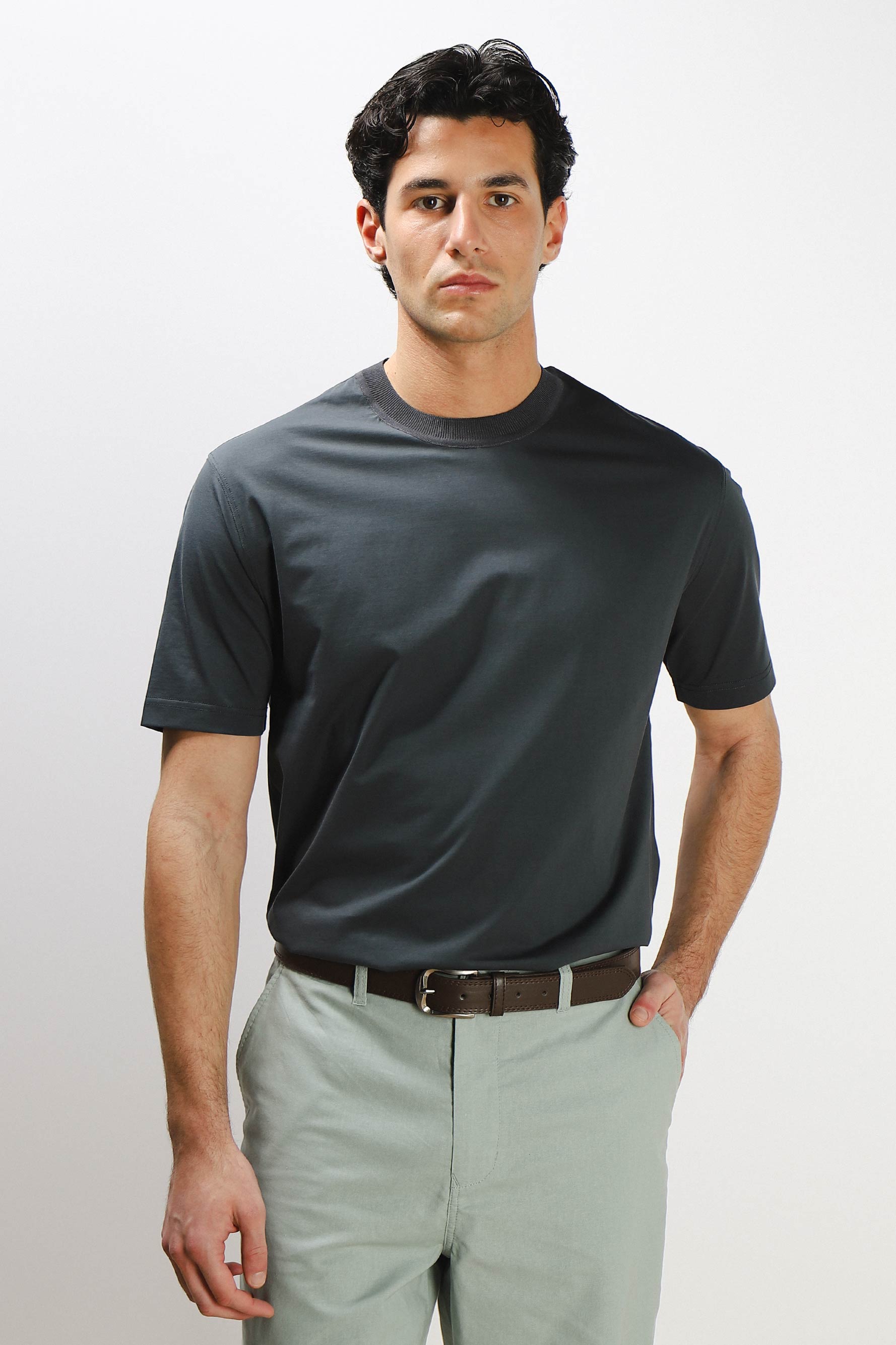 T-SHIRT GIROCOLLO STRETCH CON COLLO A COSTINE GRIGIO SCURO