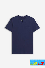 T-SHIRT COLLO A GOCCIA IN SLUB INDACO